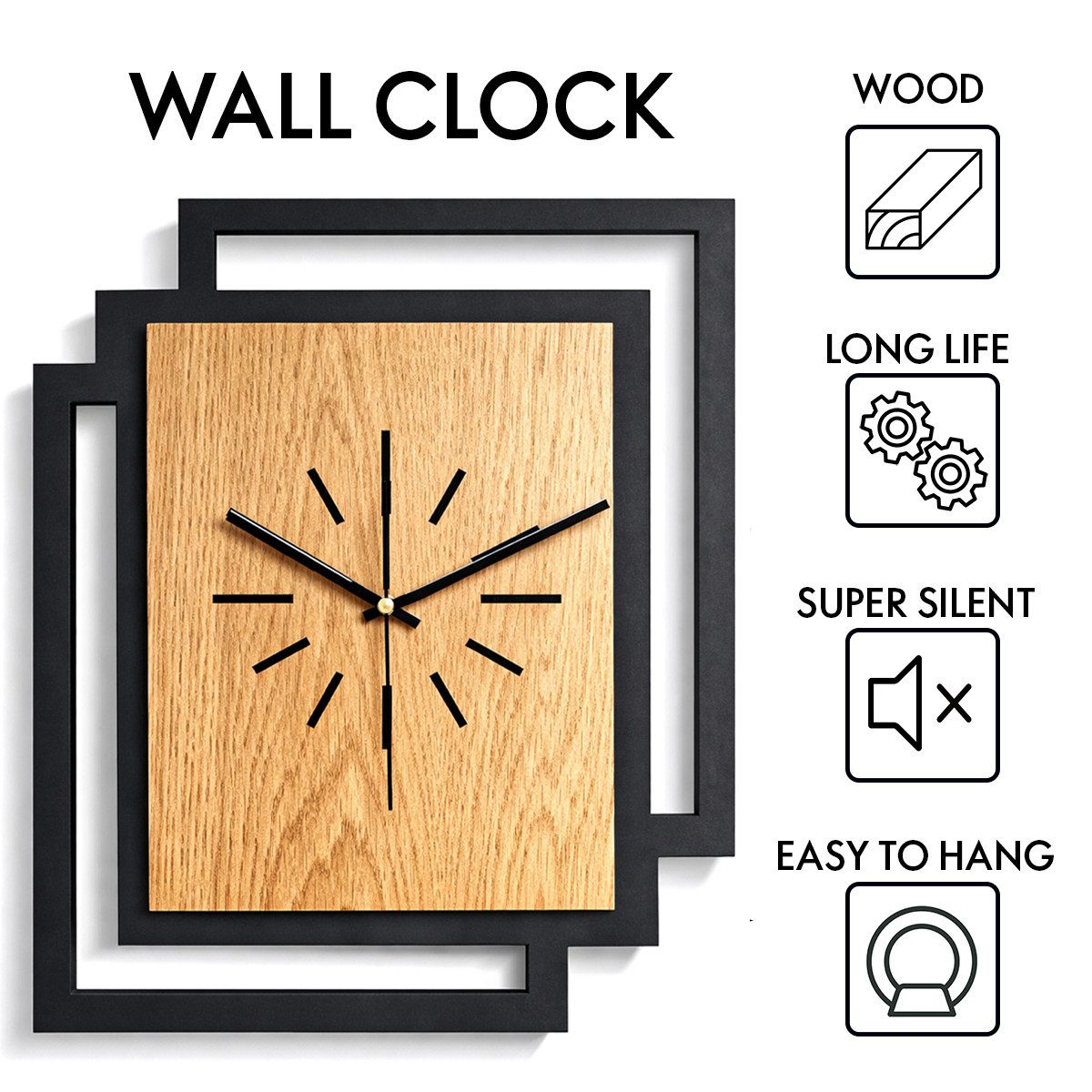 ORNAMENTI Wanduhr Große handgefertigte moderne aus Holz, Hingucker Wanddeko 45 x 55 cm (Rechteckig vertikal ohne Tickgeräusche für Wohnzimmer, ohne Ziffern)