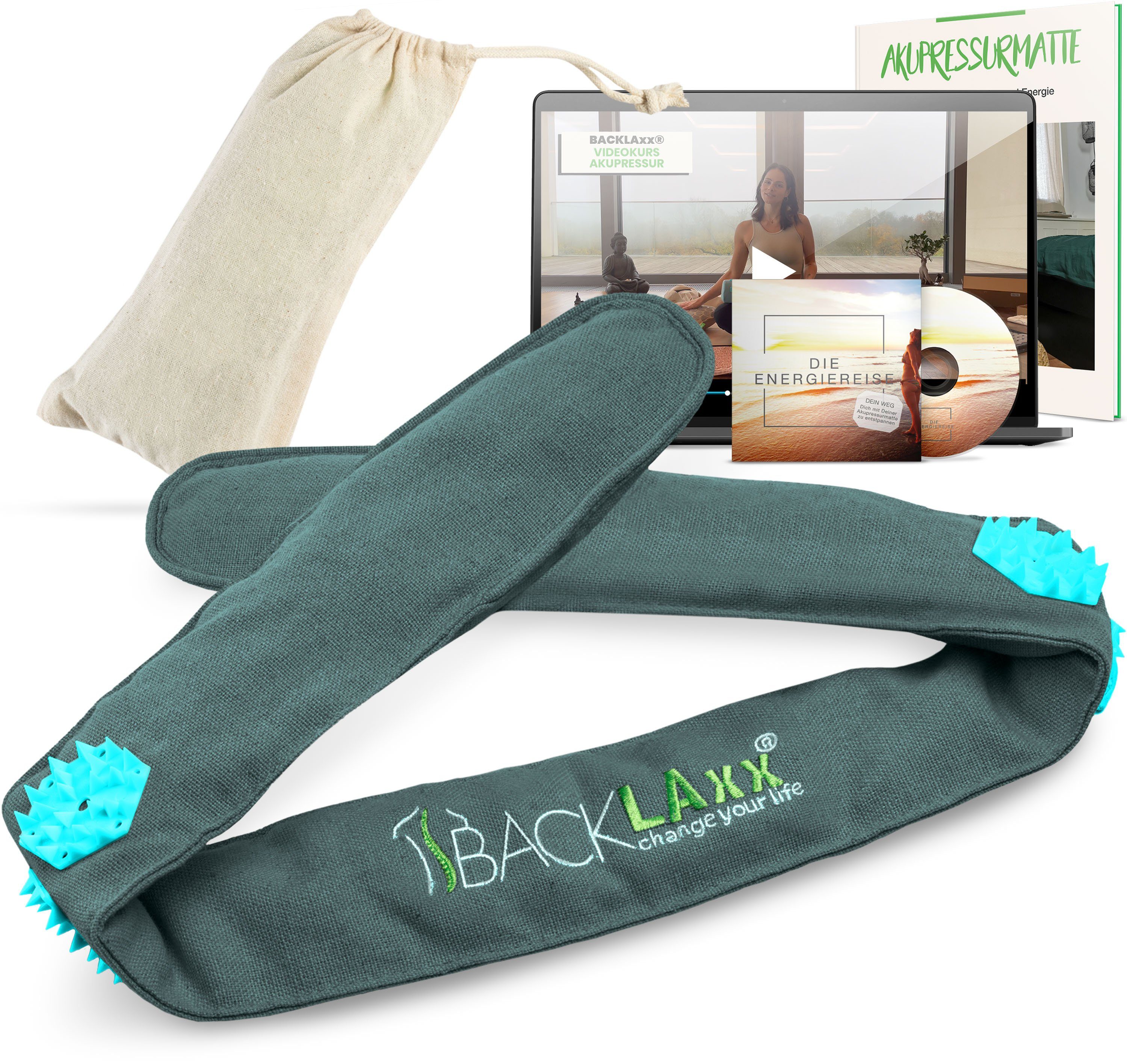 BACKLAxx® Massagegerät Akupressur Stirnband, Kopfband, Kopfmassagegerät mit Tasche zur Kopfmassage, Intensitätsregulierung durch Klettverschluss