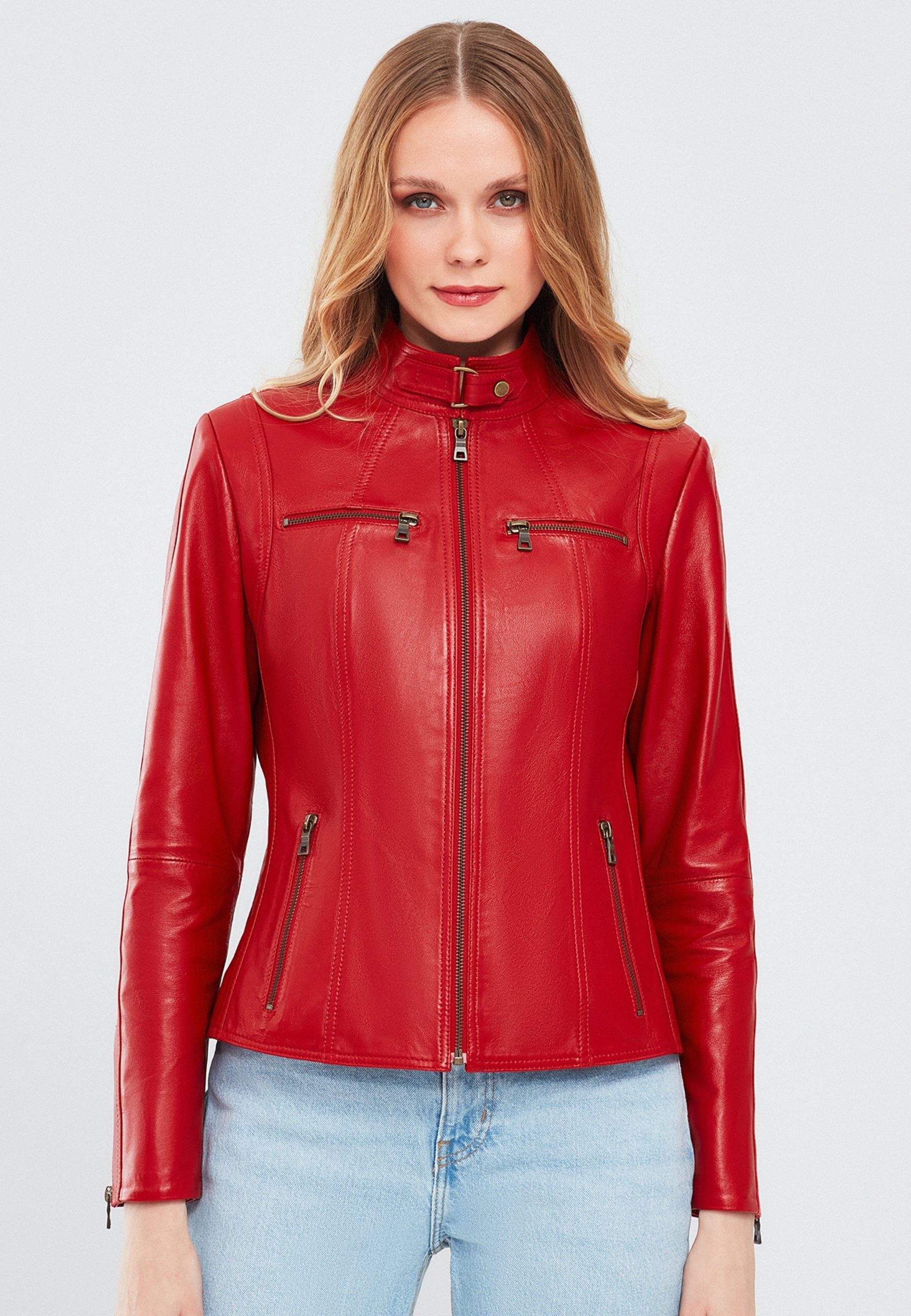 Derimod Lederjacke Maria Kurze Lederjacke Regular Fit, Reißverschluss, Stehkragen, Kurz, Textilfutter