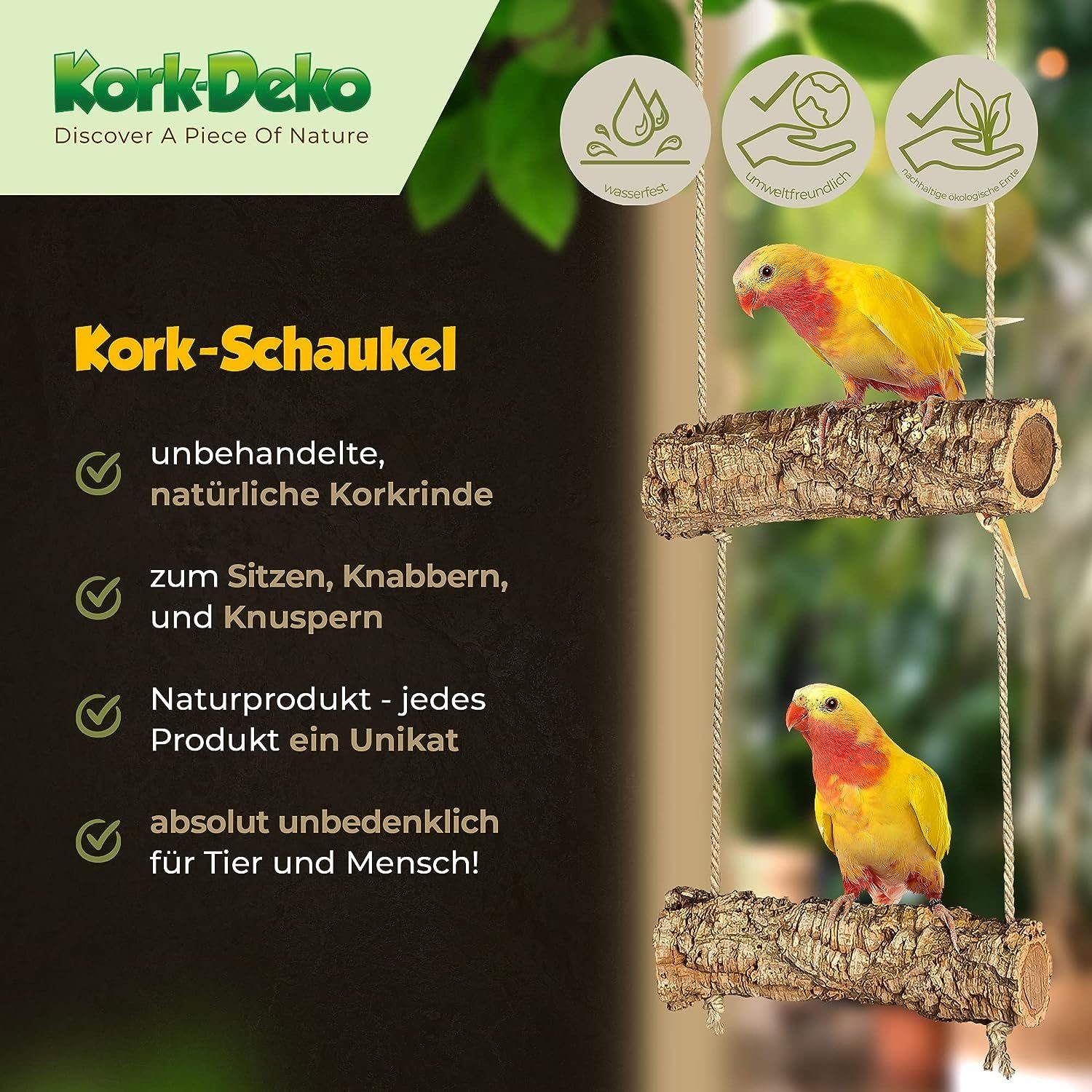 Kork-Deko.de Vogelspielplatz Mobile aus zwei Korkästen - Zum Sitzen, Spielen, Anknabbern
