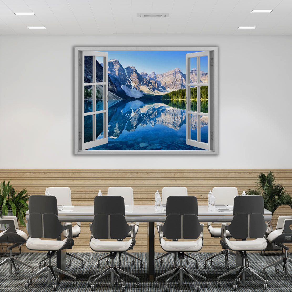 Artedinoi Leinwandbild Fensterblick Bergsee Berge Panorama Leinwandbild Wandbild XXL, Fensterblick auf Bergsee und Alpen