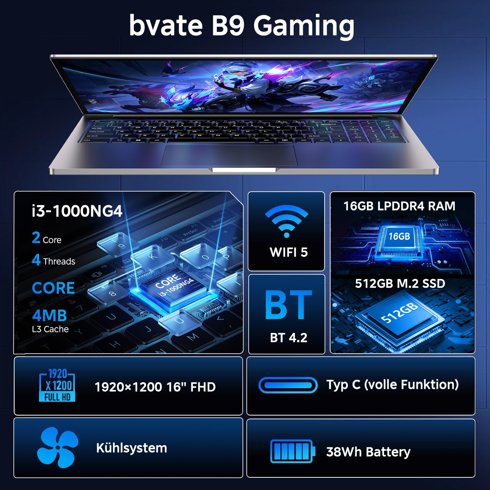bvate 16-Zoll-Laptop 16 GB RAM 512 GB SSD FHD-Display Core i3 180° Notebook (35 cm/16 Zoll, Core i3, Core i3)
