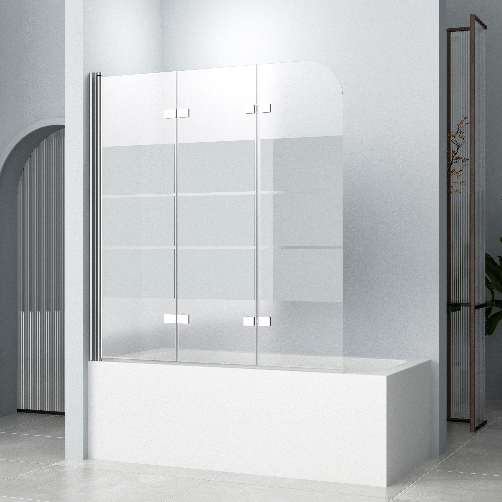 Hopibath Badewannenaufsatz milchglas Badewannenfaltwand 3 teilig Faltbar, 6mm Einscheibensicherheitsglas, (180° Faltwand, 140x140, 130x140, 120x140cm), mit Duschdichtungen
