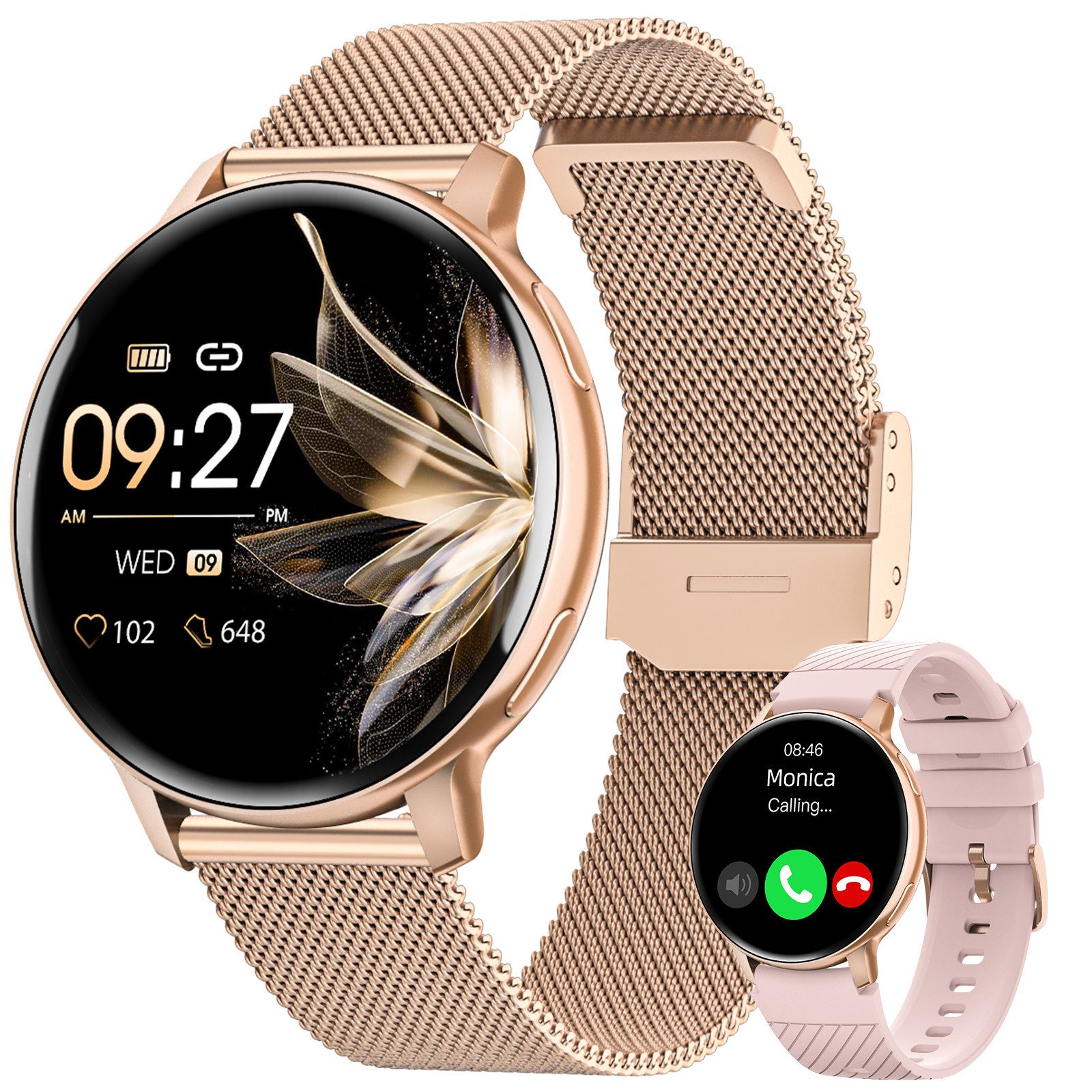 Sanorum smartwatch damen mit telefonfunktion Smartwatch (3.53 cm/1,39 Zoll, Full-Touch) Mode&Freizeit IP68 wasserdichte Sportuhr,IPS-Vollbild-Touch, mit Menstruationszyklus Schlaf blutdruckmessung Herzfrequenz, SpO2,Auswechselbare Zifferblätter / Armbänder, 120+ Sportmodi