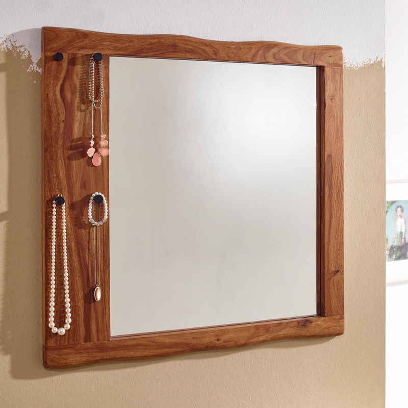 FINEBUY Garderobenspiegel (Sheesham Massivholz 80x80x3 cm Baumkante Groß), Настенное зеркало Modern, Flurspiegel mit Haken