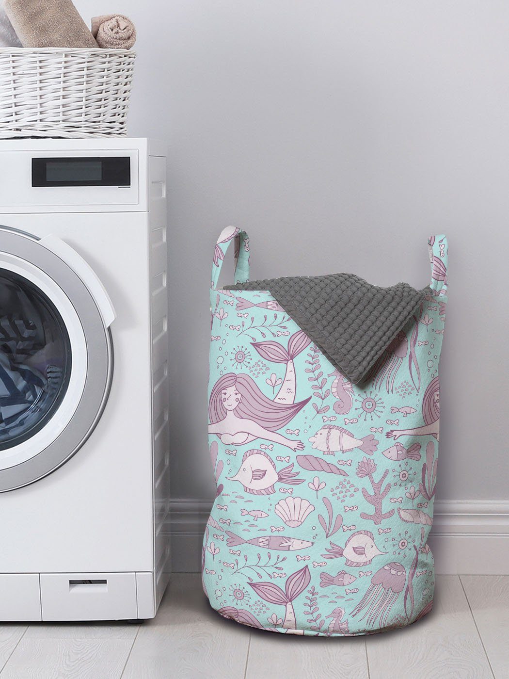 Abakuhaus Wäschesäckchen Wäschekorb mit Nautisch für Waschsalons, Griffen Mermaid Kordelzugverschluss Unterwasser Nursery