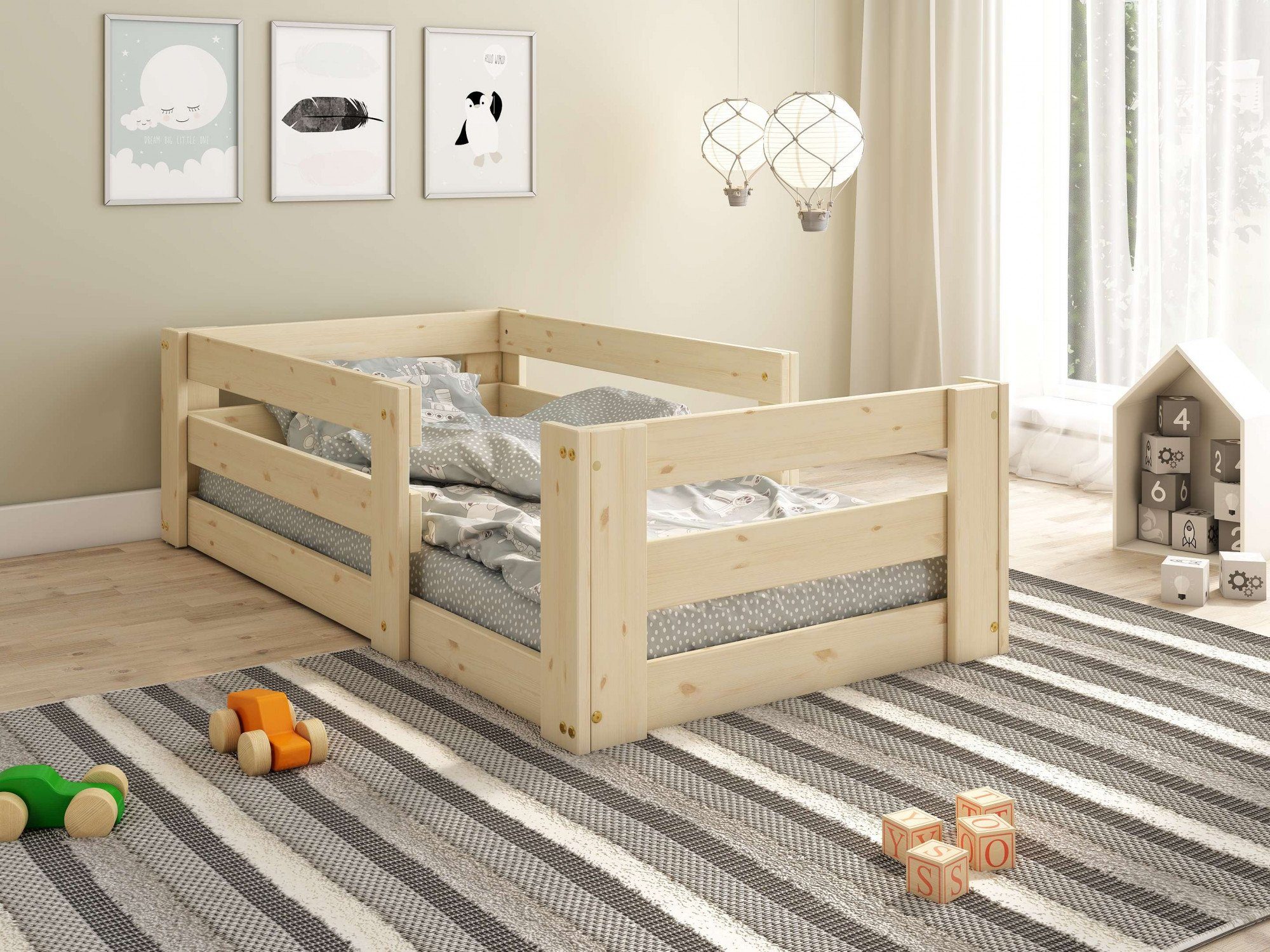 Massivholz, natürliches " Lüttenhütt Stil, Bodenbett, zertifiziertes Montessori Design Kinderbett "BILKE im