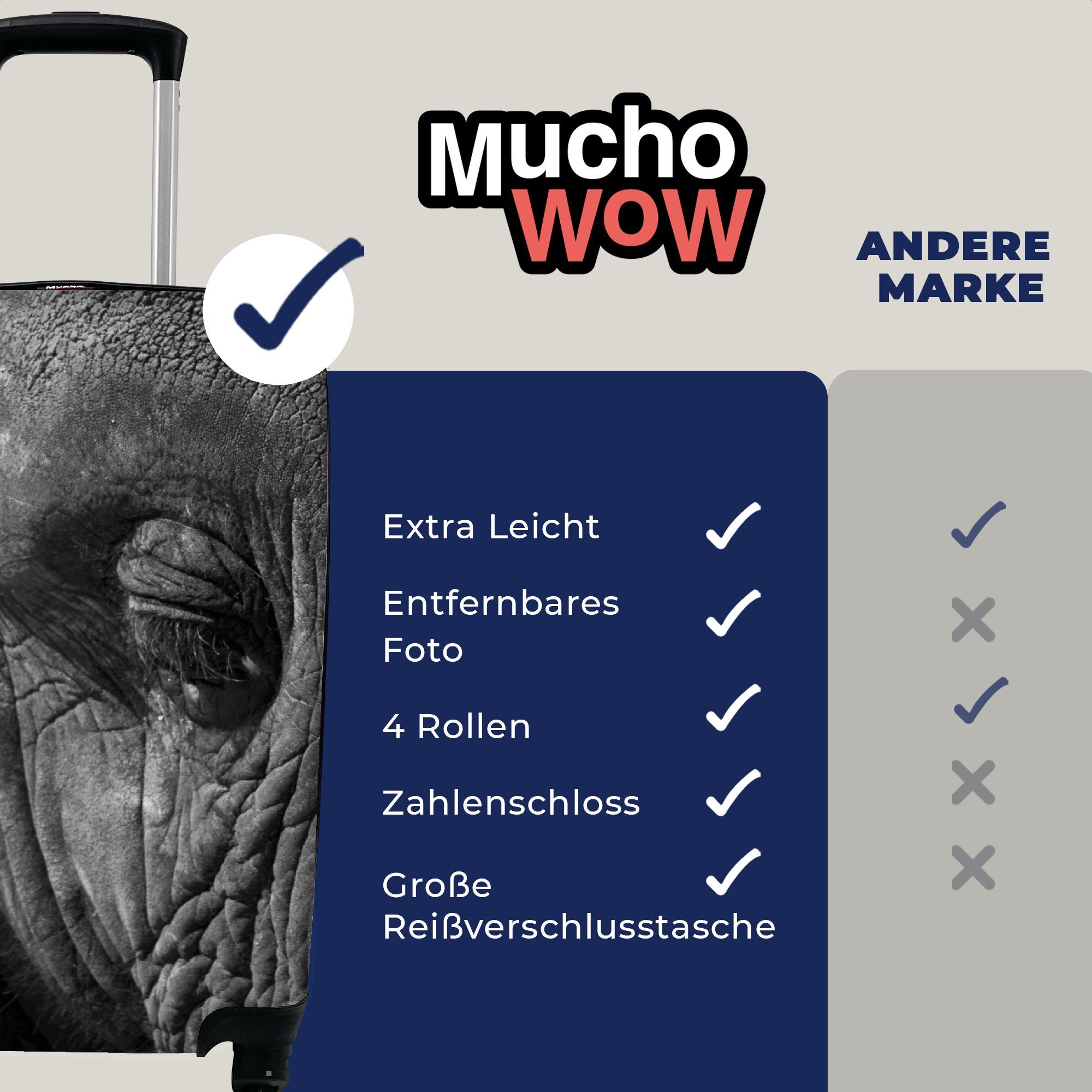 MuchoWow Handgepäckkoffer Elefant Nahaufnahme Ferien, Schwarz-Weiß, rollen, Tiere Reisekoffer mit - Handgepäck Trolley, für - 4 Reisetasche - Rollen