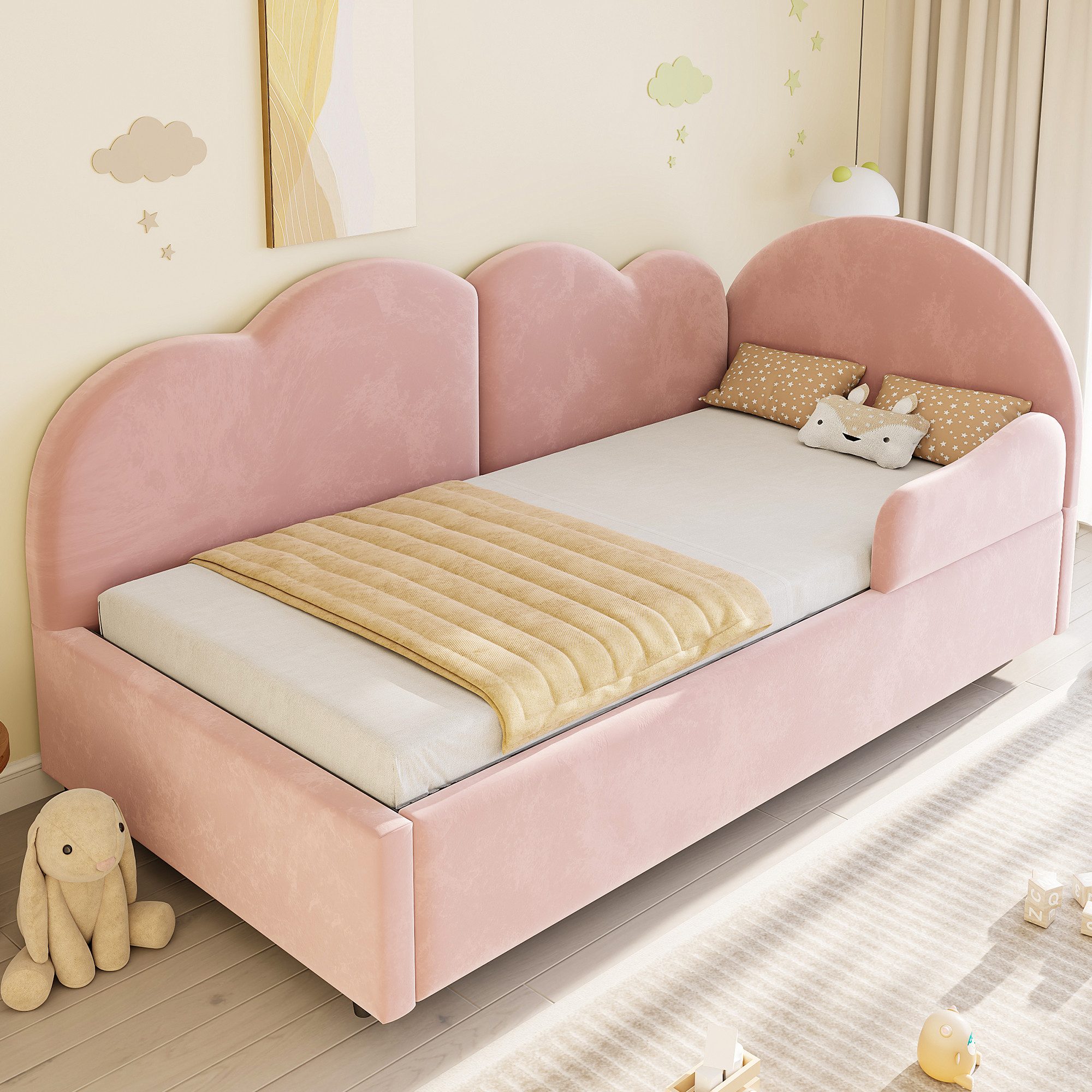 Merax Daybett 90x200cm mit Ausziehbett, Samt Schlafsofa Tagesbett (1 tlg), Jugendbett Polsterbett mit ausziehbarem Unterbett & Wolken-Kopfteil – Bild 3 von 5
