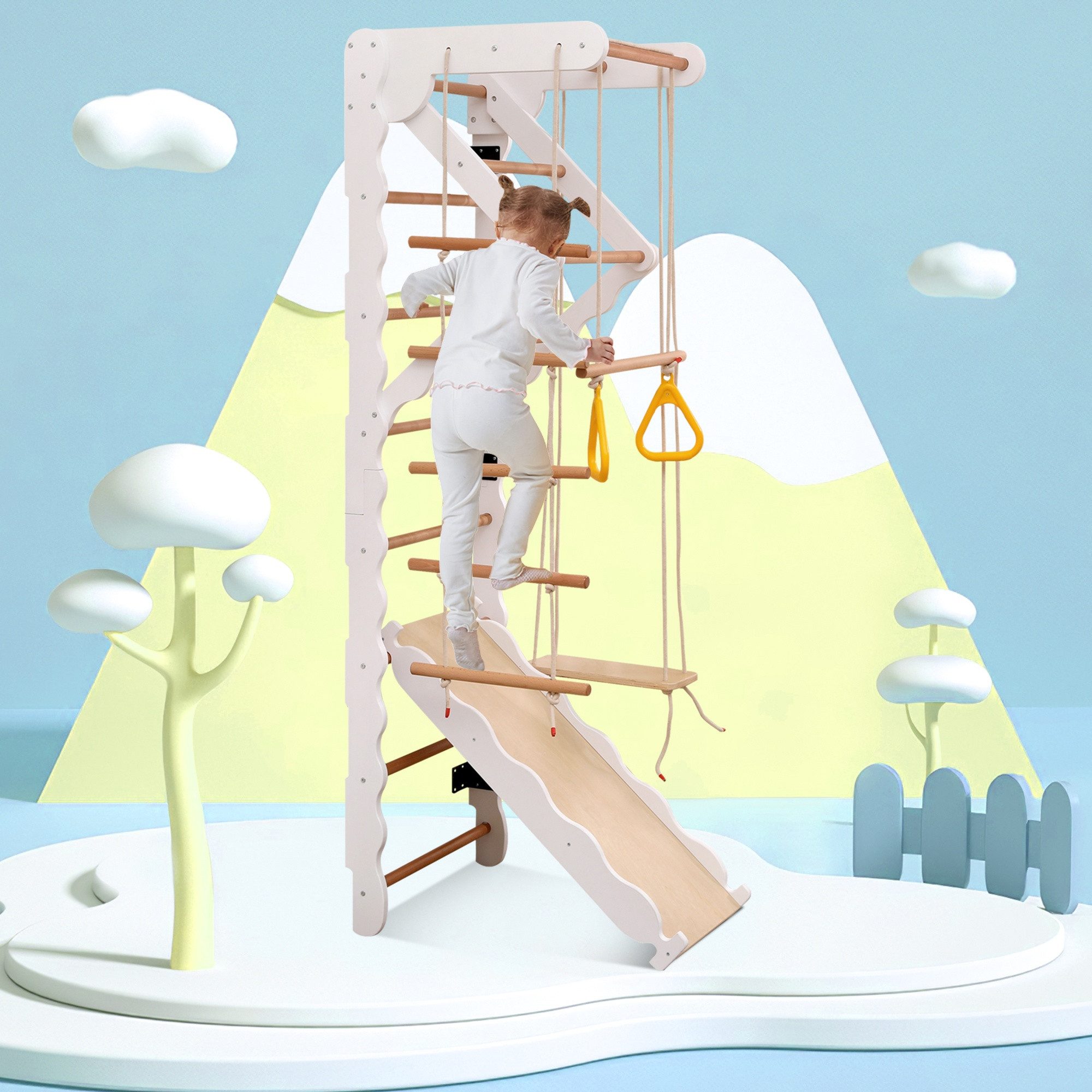 IDEASY Schaukelkombination 6-in-1 Klettergerüst mit Rutsche/Schaukel, Massivholz
