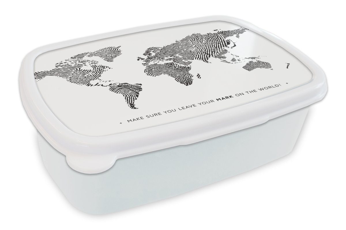 MuchoWow Lunchbox Weltkarte - Zitat - Fingerabdruck - Kind - Jungen - Mädchen, Kunststoff, (2-tlg), Brotbox für Kinder und Erwachsene, Brotdose, für Jungs und Mädchen weiß