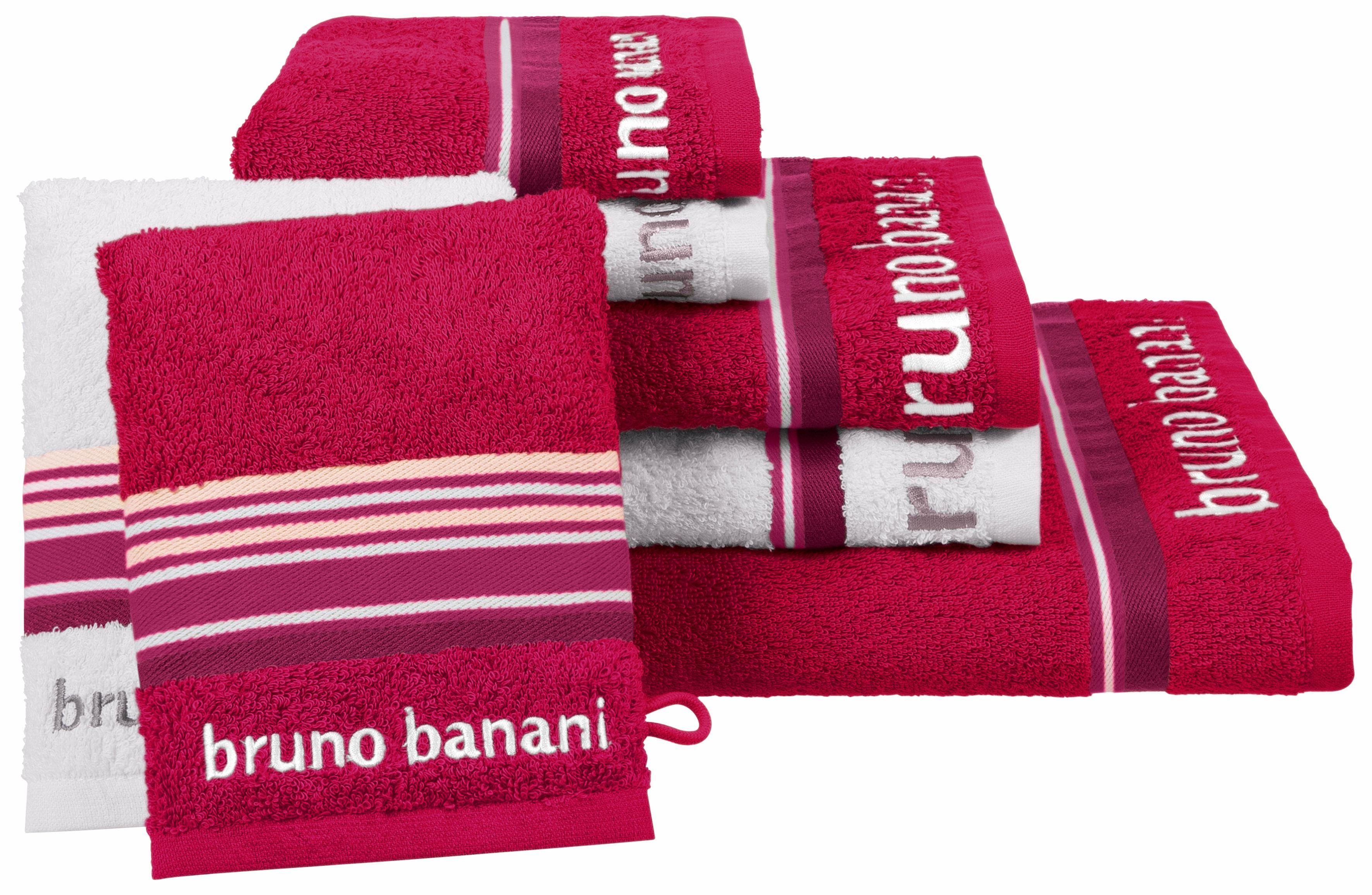 Bruno Banani Handtuch Set Maja, 1 Duschtuch, 2 Handtücher, 2 Gästehandtücher, 2 Waschhandschuhe, Walkfrottee (Set, 7-St), mit Bordüre und Markenlogo, 7 teiliges Handtücher Set, 100% Baumwolle