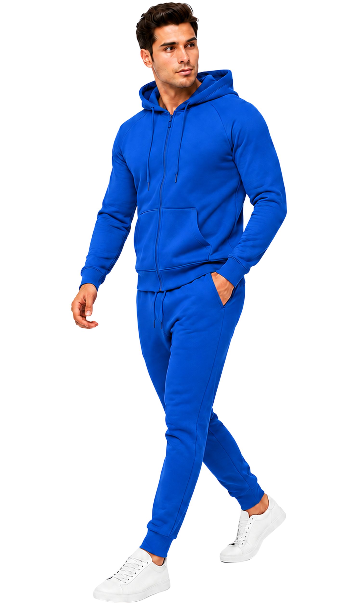 L.gonline Freizeitanzug Herren Jogginganzug einfarbig 100% BW 586 Blau S (Kapuzenjacke mit Reißverschluss, Hose, 2-tlg), Fitness Freizeit Casual