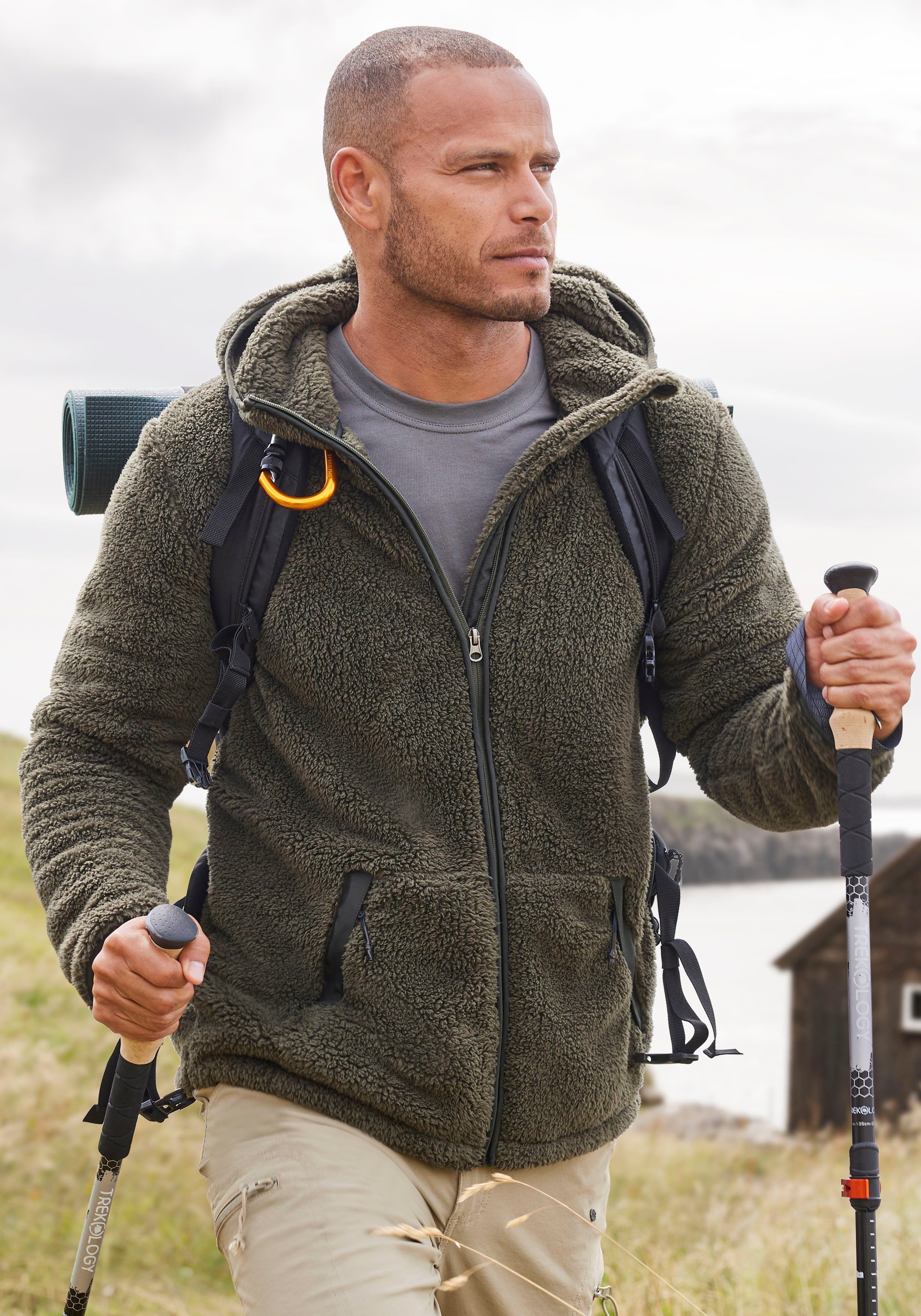 John Devin Kapuzenstrickjacke in weichem Teddyfleece
