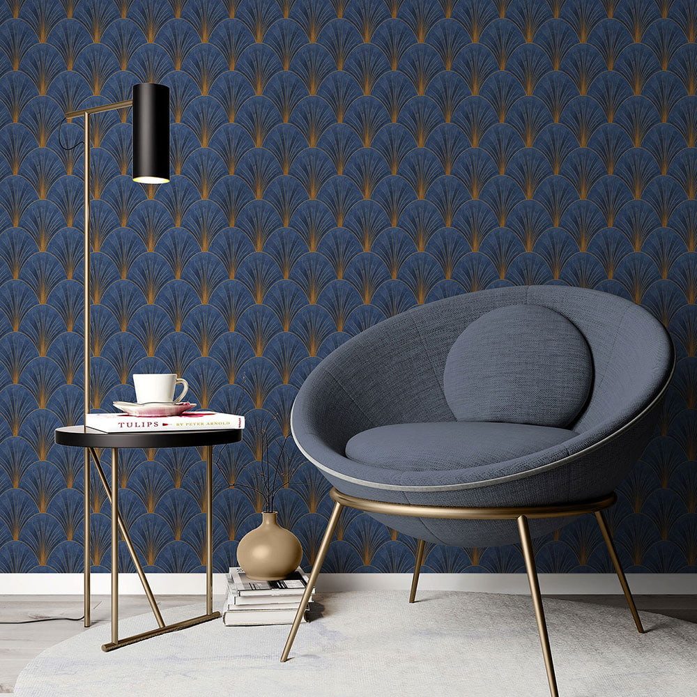 Erismann Vliestapete Art Deco Fächer Motiv Blau Gold Metallic 10451-08 Elle Decoration