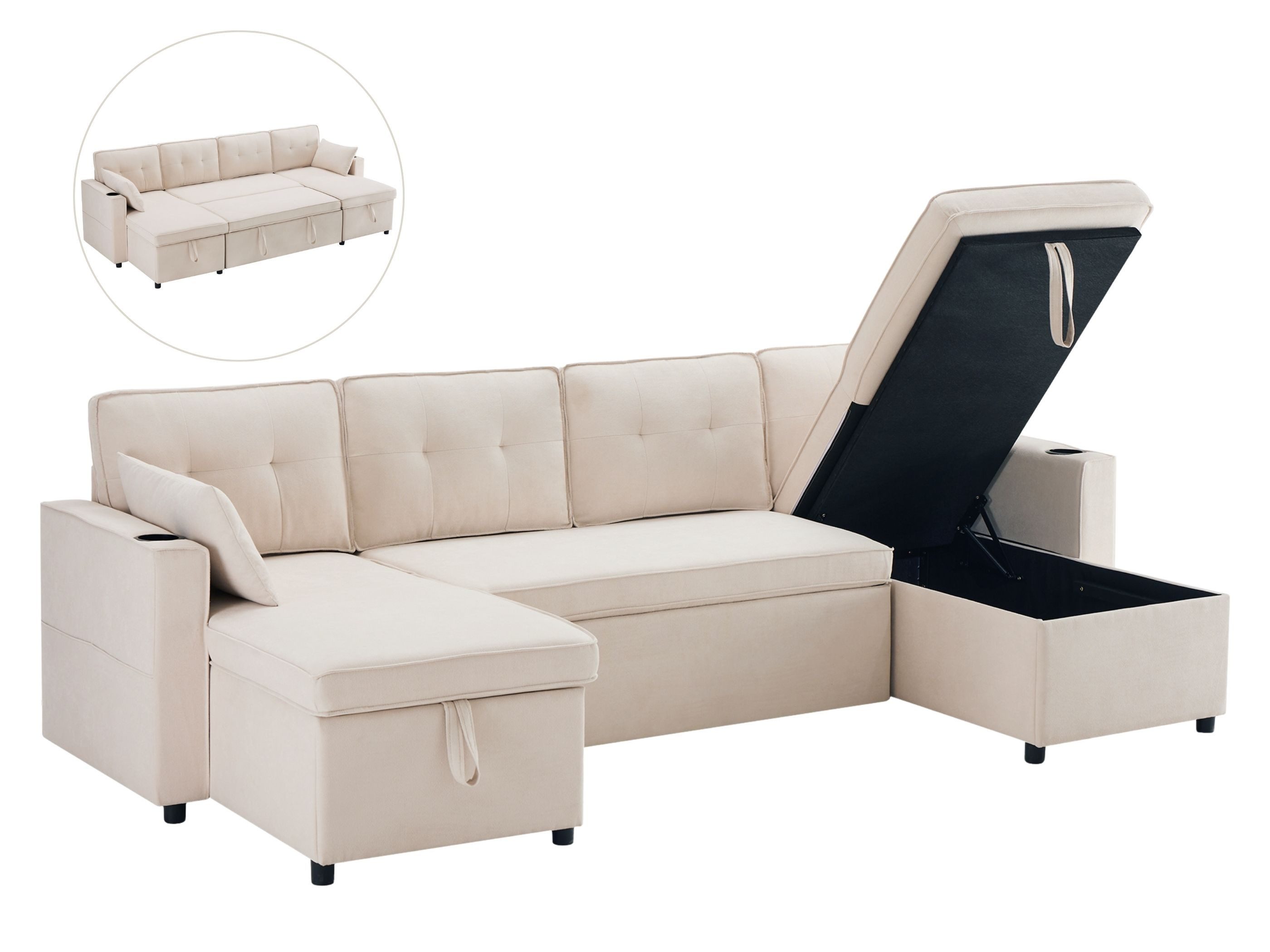 SeedWave Schlafsofa mit Ausziehbett, Doppelhocker mit Stauraum, Baumwoll-Leinen, 4-Sitzer, Kissen, Seitentaschen, Flaschenhalter, 150 kg Tragkraft pro Sitz