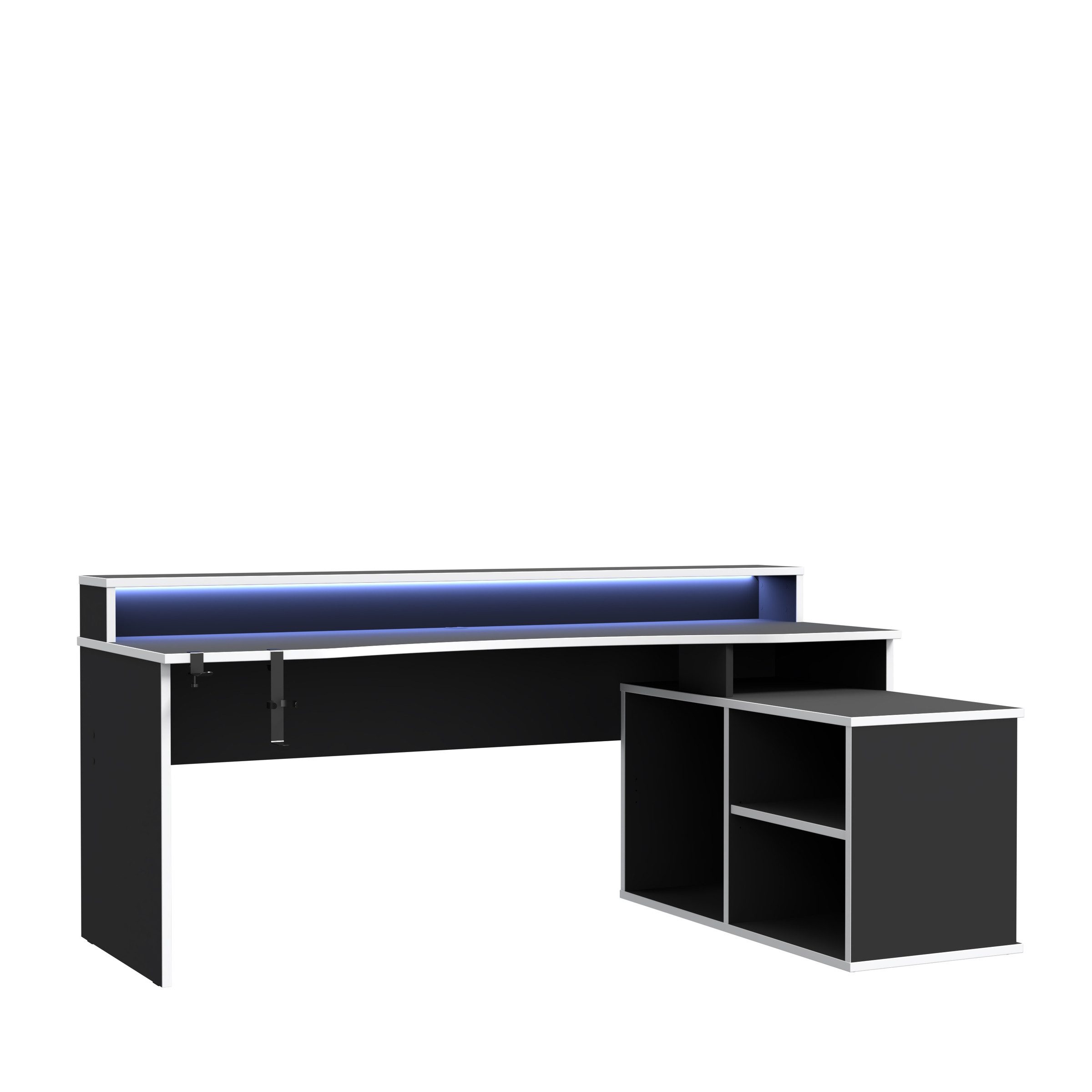 freiraum Eckschreibtisch TEZAUR, LED-Beleuchtung, Ablage, Weiss / Schwarz - 200x91,1x125,4cm (BxHxT)