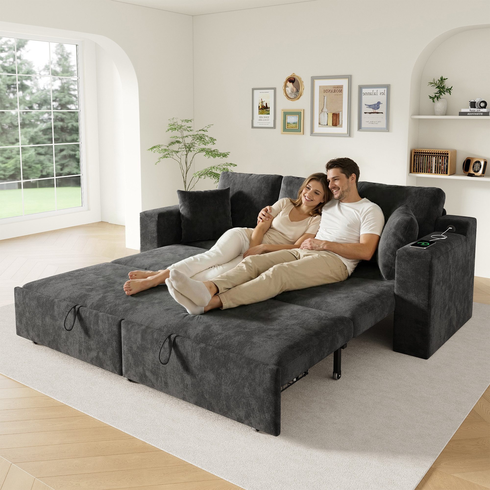 i@home 3-Sitzer mit Schlaffunktion, mit ausziehbarem Metallrahmen, Armlehnen‑Ablage und USB‑Ladeanschluss