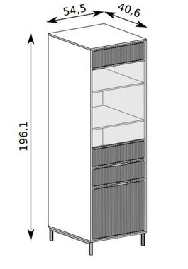 Compleo Standvitrine mit Schublade, VIIVAS, geriffelte Front, Push to open Funktion gehärtetes Glas