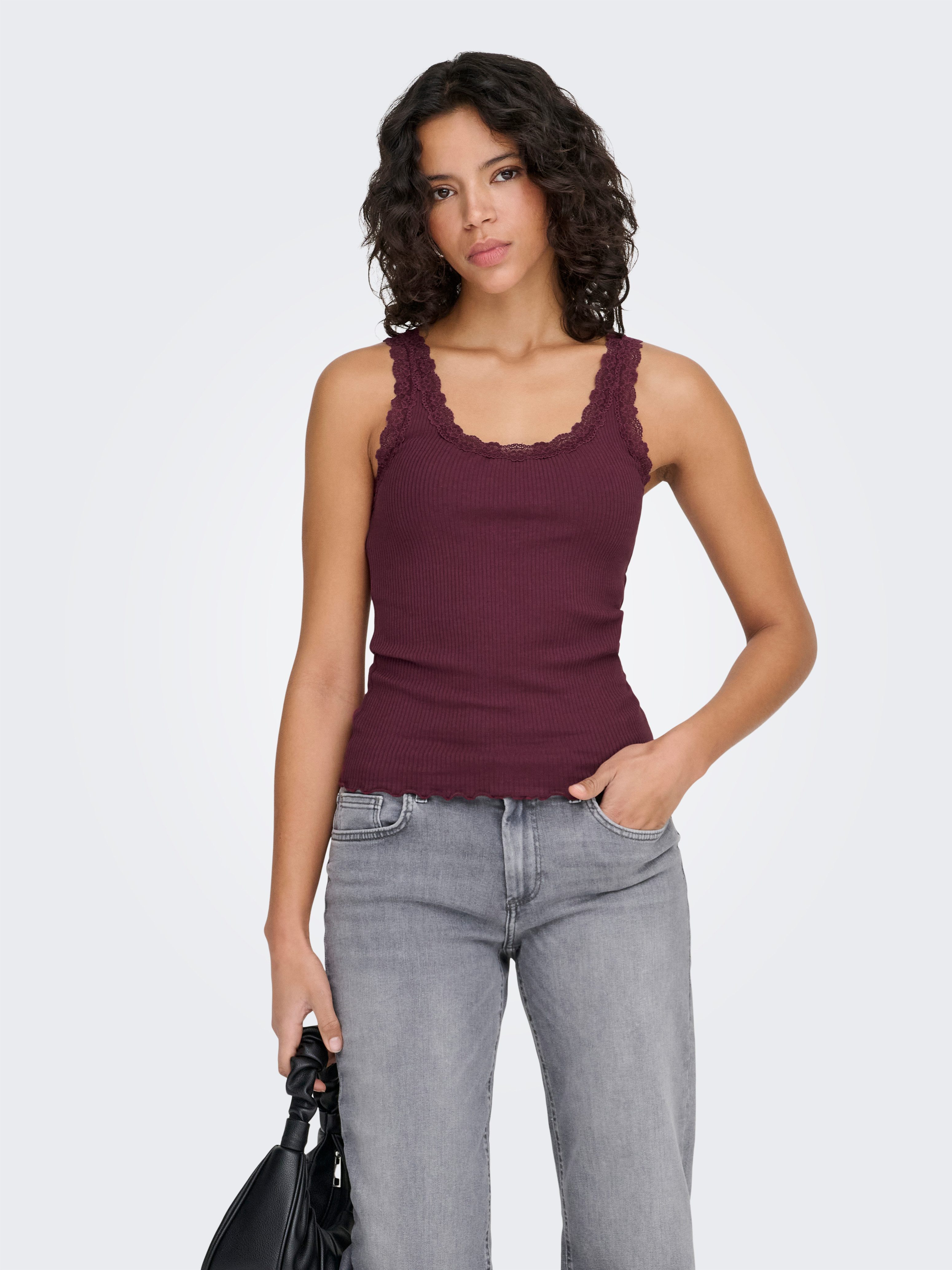 ONLY Tanktop ONLSARA – Tanktop mit Spitzendetail am Ausschnitt Baumwollmischung, regular fit