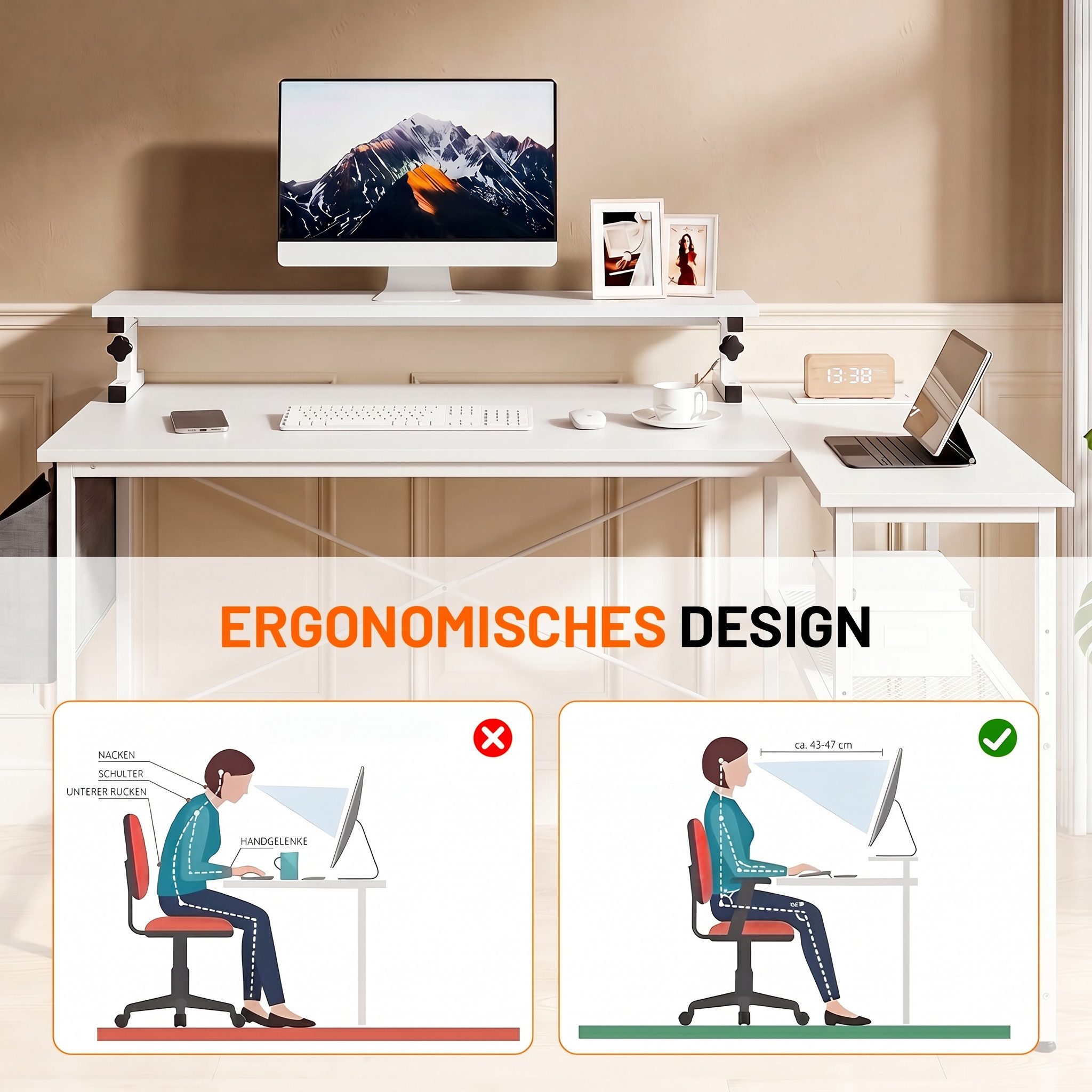 oyajia Schreibtisch Gaming Tisch Eckschreibtisch mit Regal USB-Ladeanschluss und Steckdose (Platzsparender Weißer Computertisch, Kleiner Schreibtisch Geeignet für Home Office), 108cm Computertisch L Form