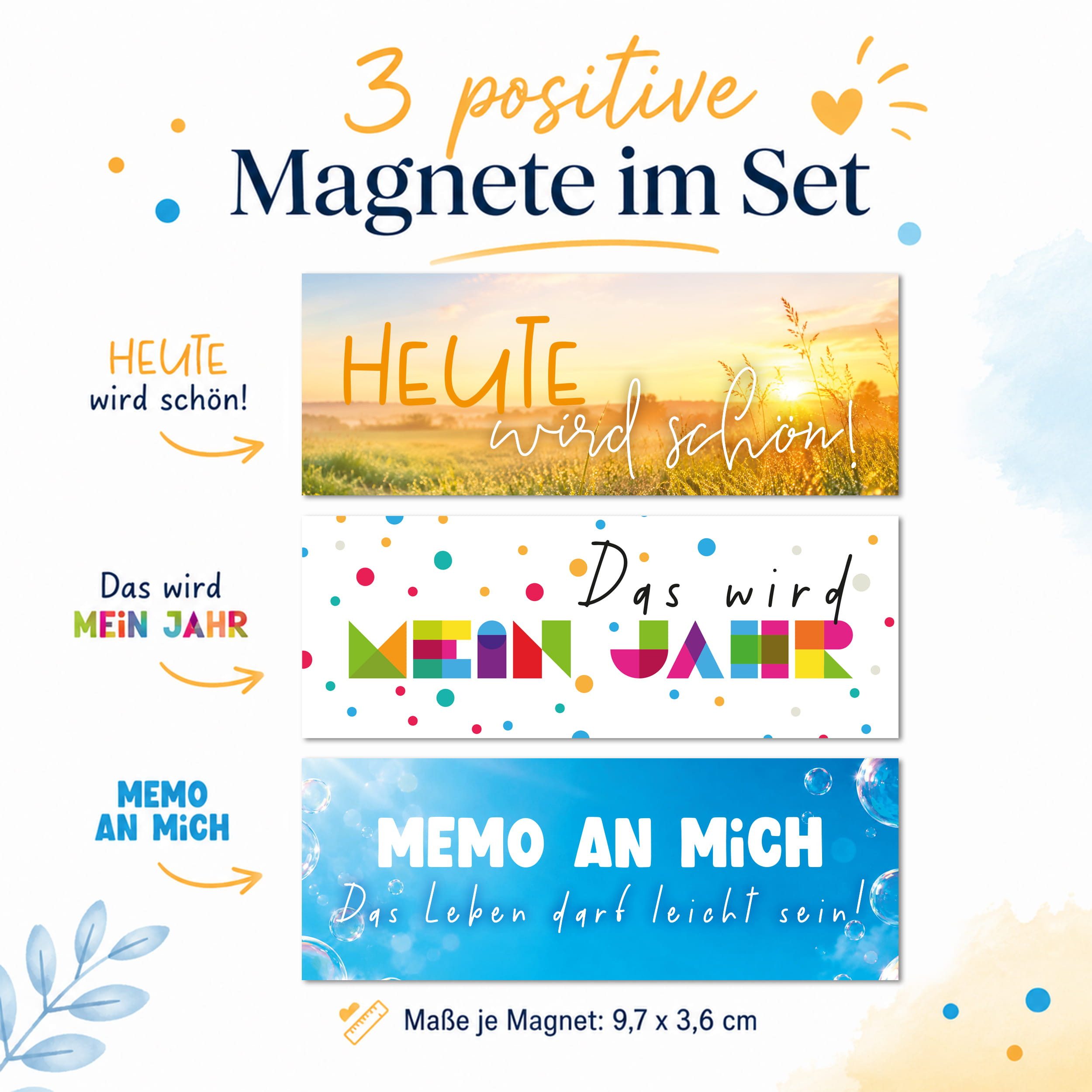 TOBJA Tischkalender Deko-Magnete 3er Set Gute Laune für Tischkalender & Kühlschrank, 3 Magnetstreifen, Sprüche, für Kühlschrank & Tafel, Geschenkidee