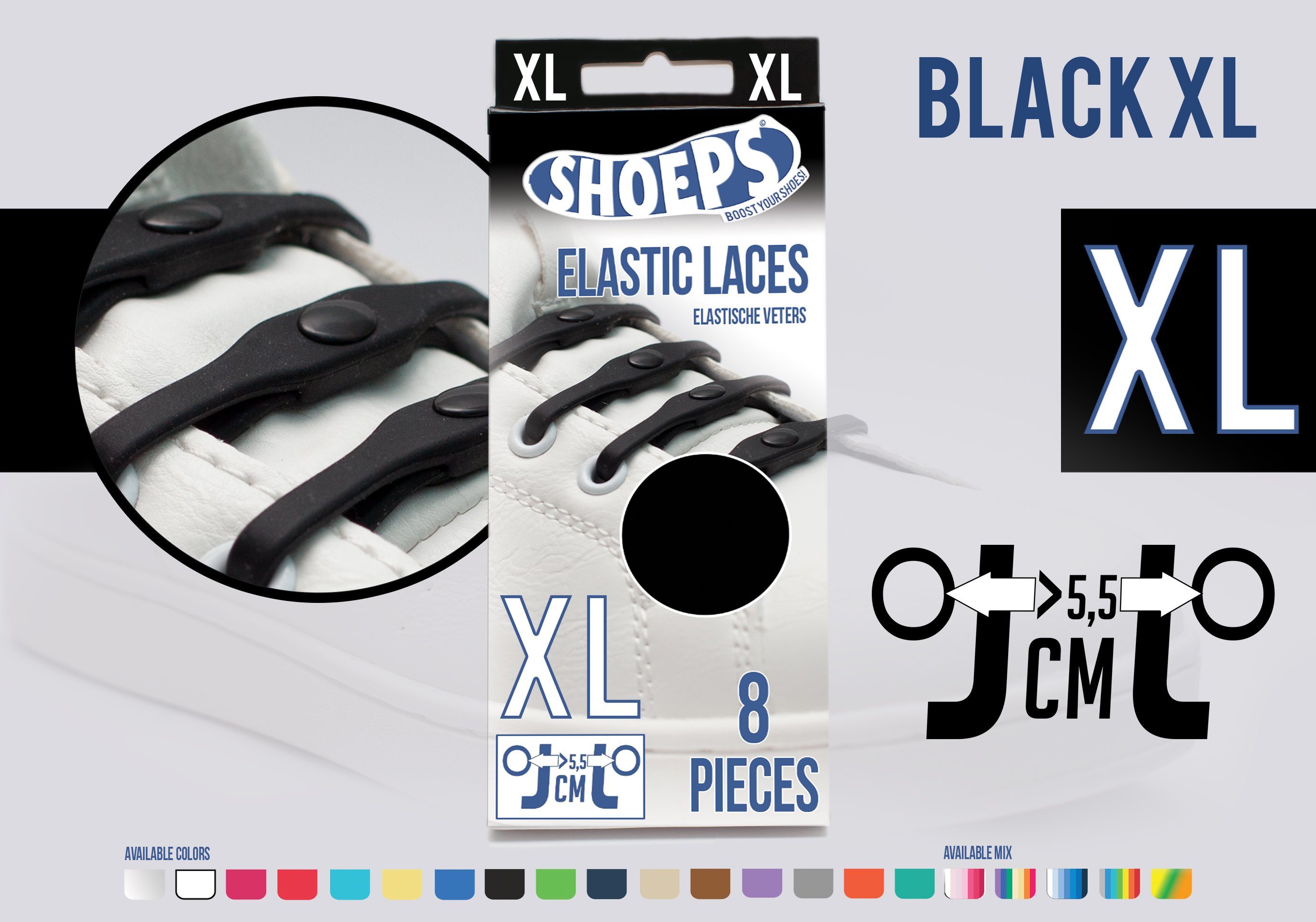 Shoeps Schnürsenkel Elastic Laces XL - extra Lang - Die neue und einfachere Art Schuh zu binden Black