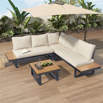 Merax Gartenlounge-Set, (1 Couchtisch, 2 Bänke, 1 Eckbank), mit Stahlrahmen und Kissen, Ecklounge, Gartenmöbel Set, Leinenbezug