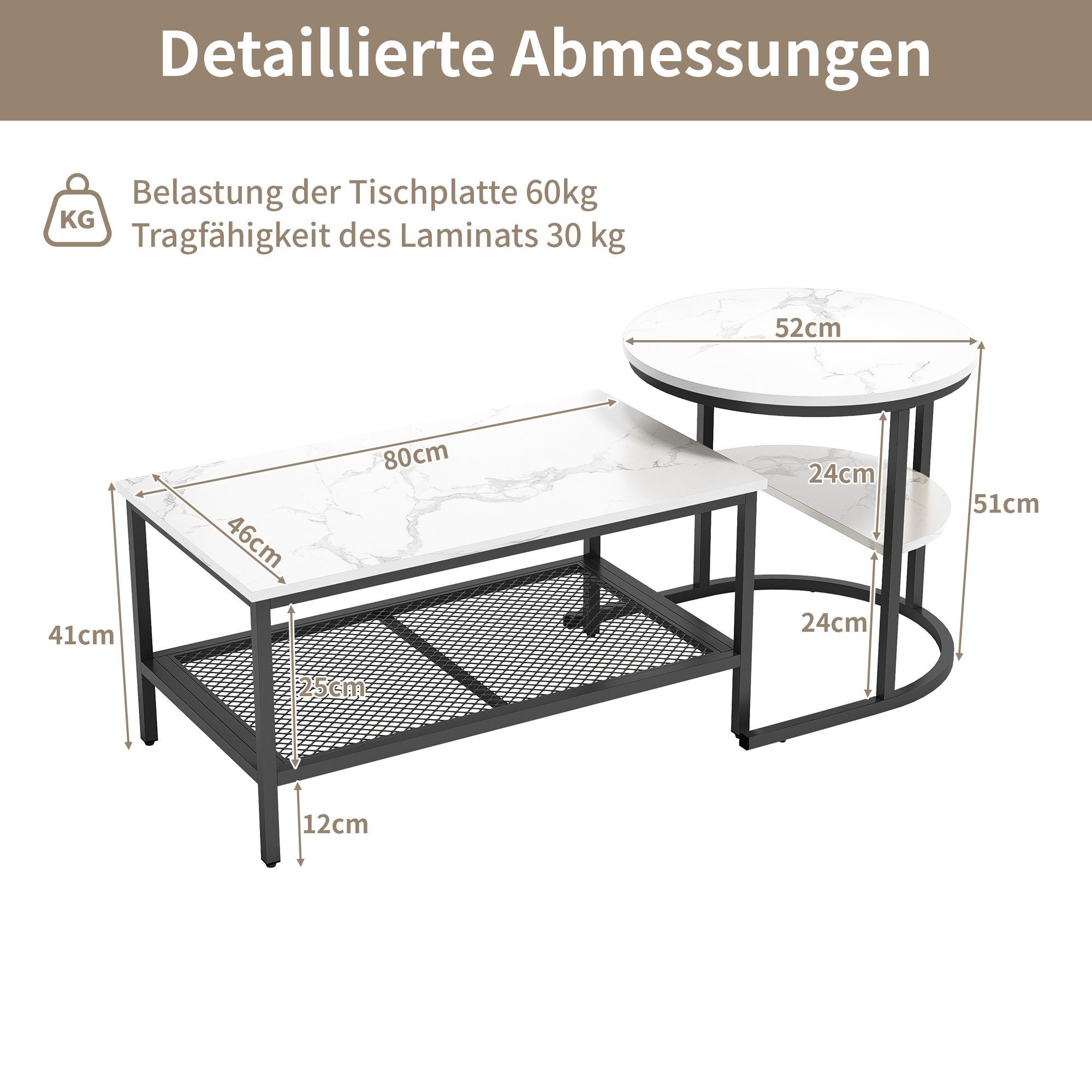 BELUPAI Couchtisch 2in1 Beistelltisch, Runder Tisch mit Marmoroptik (2er Set, 1-St., Satztisch), 80x46x41cm und 52x52x51cm,Weiß-Schwarz