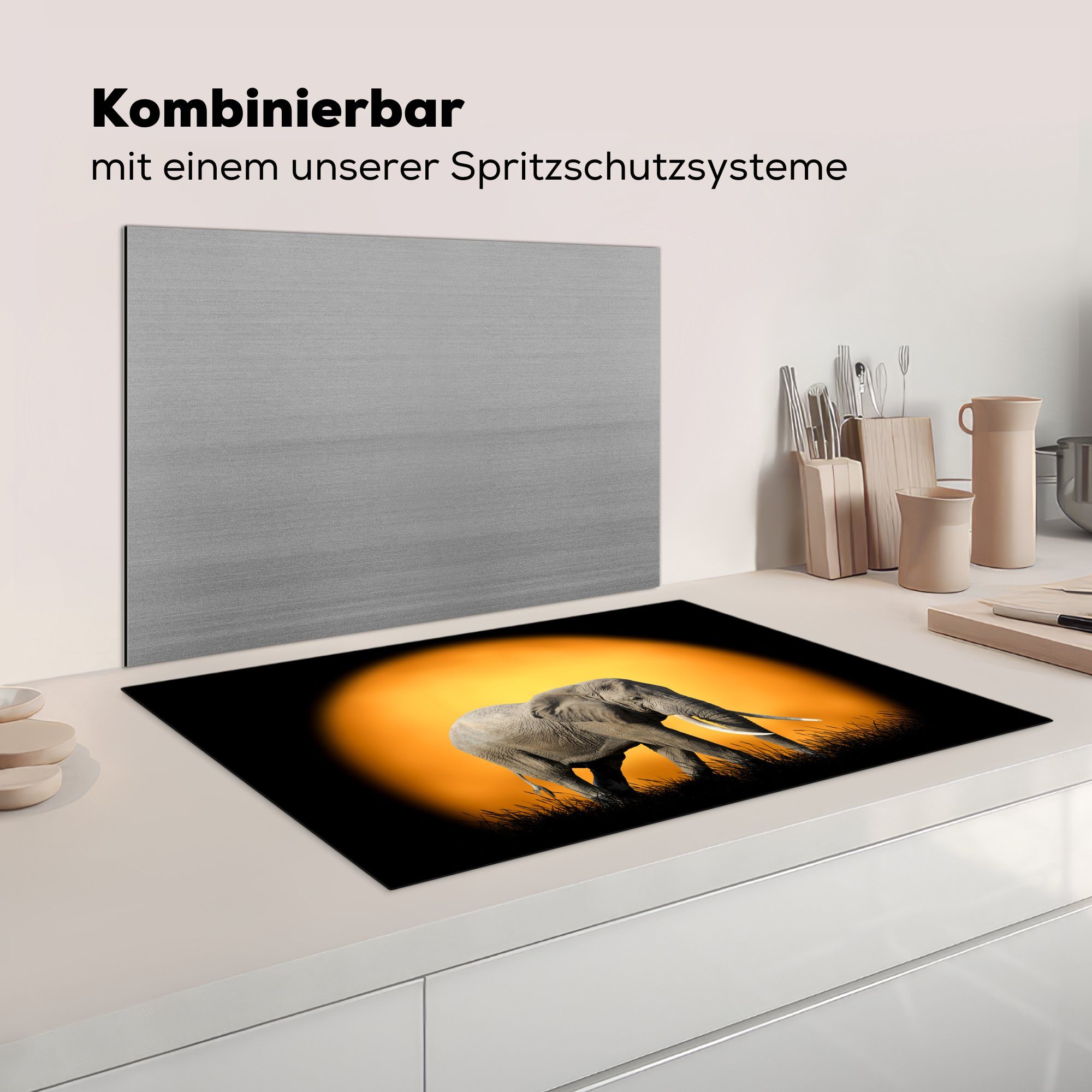 Sonne 81x52 Elefant - küche, Vinyl, cm, die - Schutz Herdblende-/Abdeckplatte Gras, (1 Ceranfeldabdeckung Induktionskochfeld für tlg), MuchoWow