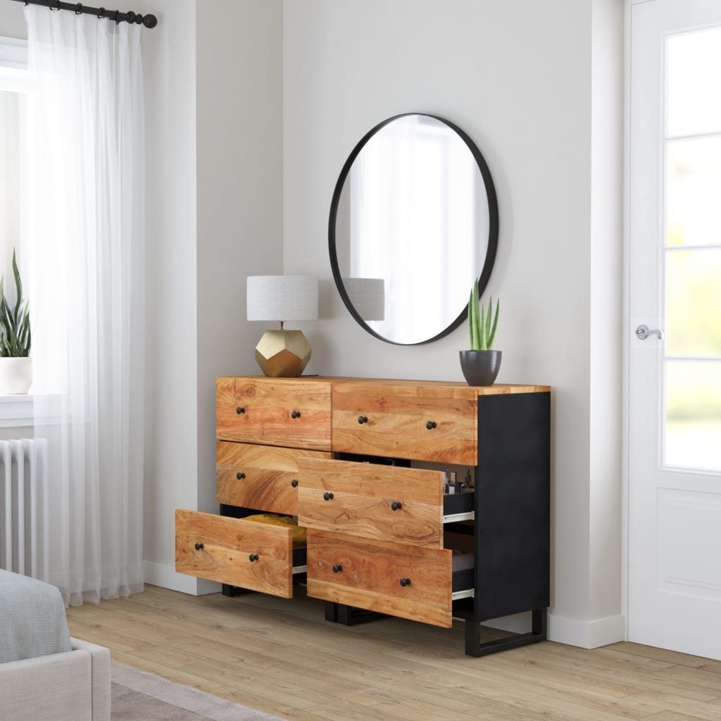furnicato Sideboard aus Echtholz 60 x 33 x 75 cm in Naturfarben, 2er Set (1 St), Stabiles Buffet mit viel Stauraum und Wandhalterung für Wohnzimmer