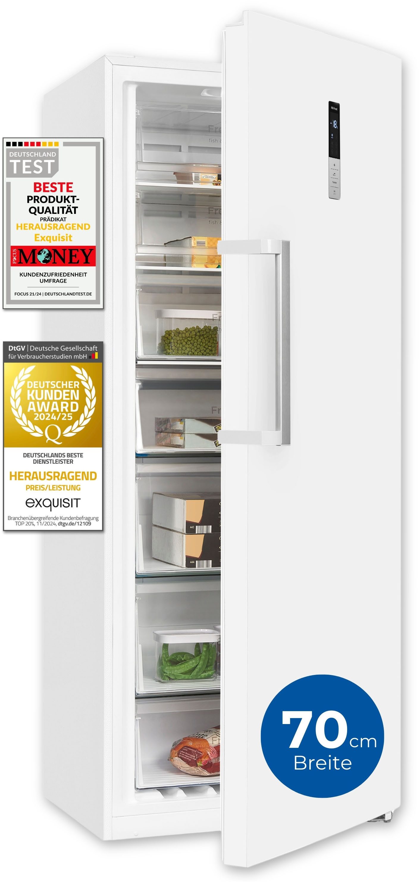 exquisit Gefrierschrank GS380-NF-H-050E weiss, 185,5 cm hoch, 71 cm breit, 380 L Gefrierschrank: No-Frost, 4-Sterne & flexibel mit LED-Licht