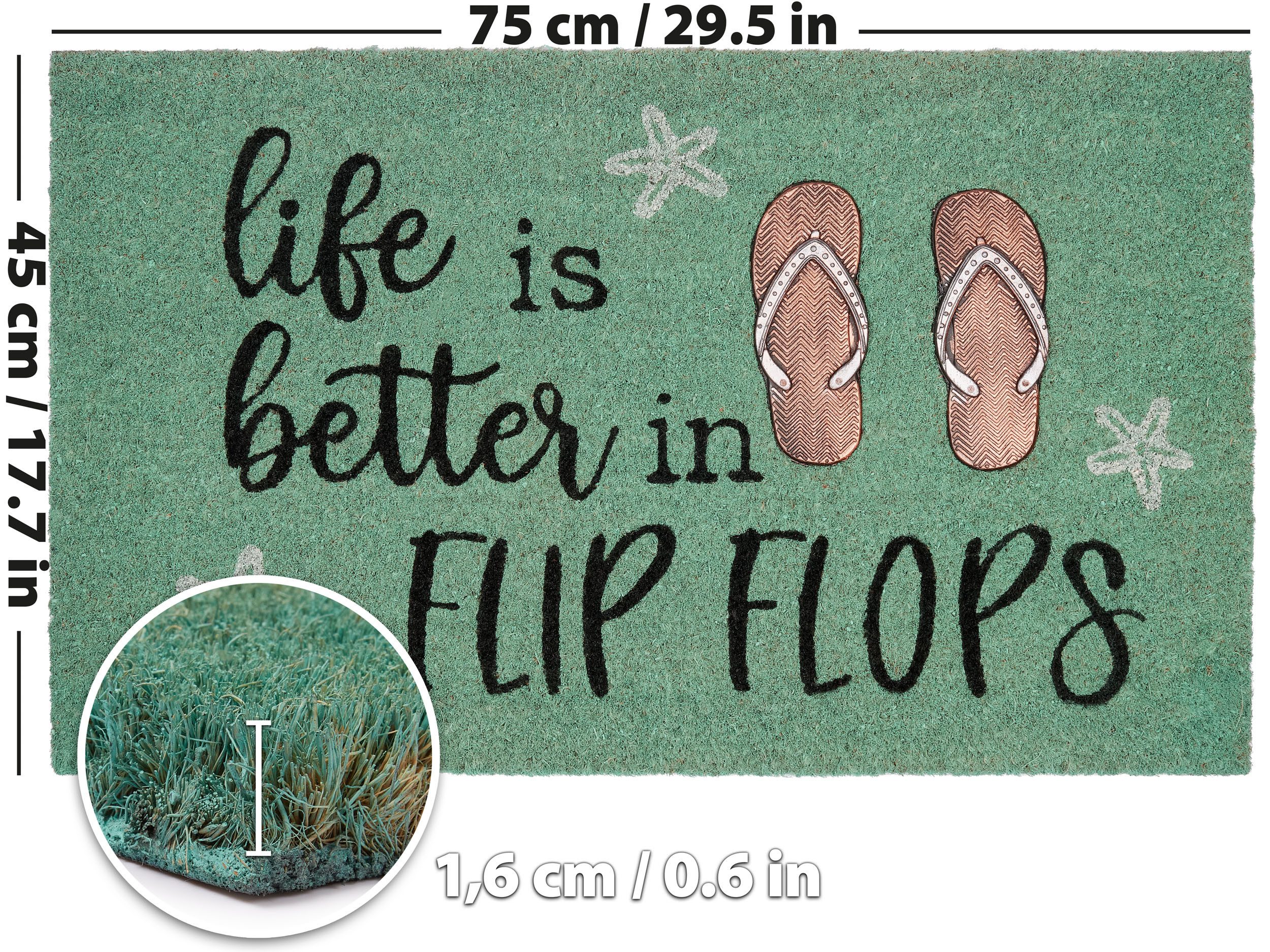 BRUBAKER Fußmatte Life is Better in Flip Flops - 45 x 75 cm Schmutzfangmatte - Türkis, Rechteckig, Höhe: 16 mm, Fußmatte für Außen und Innen aus Kokos - Wetterf – Bild 5 von 5