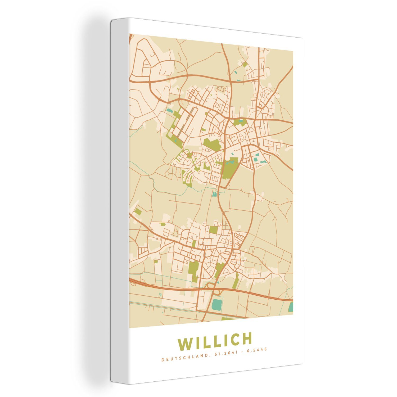 OneMillionCanvasses® Leinwandbild Willich - Karte - Vintage - Stadtplan - Karte, (1 St), Leinwandbild fertig bespannt inkl. Zackenaufhänger, Gemälde, 20x30 cm
