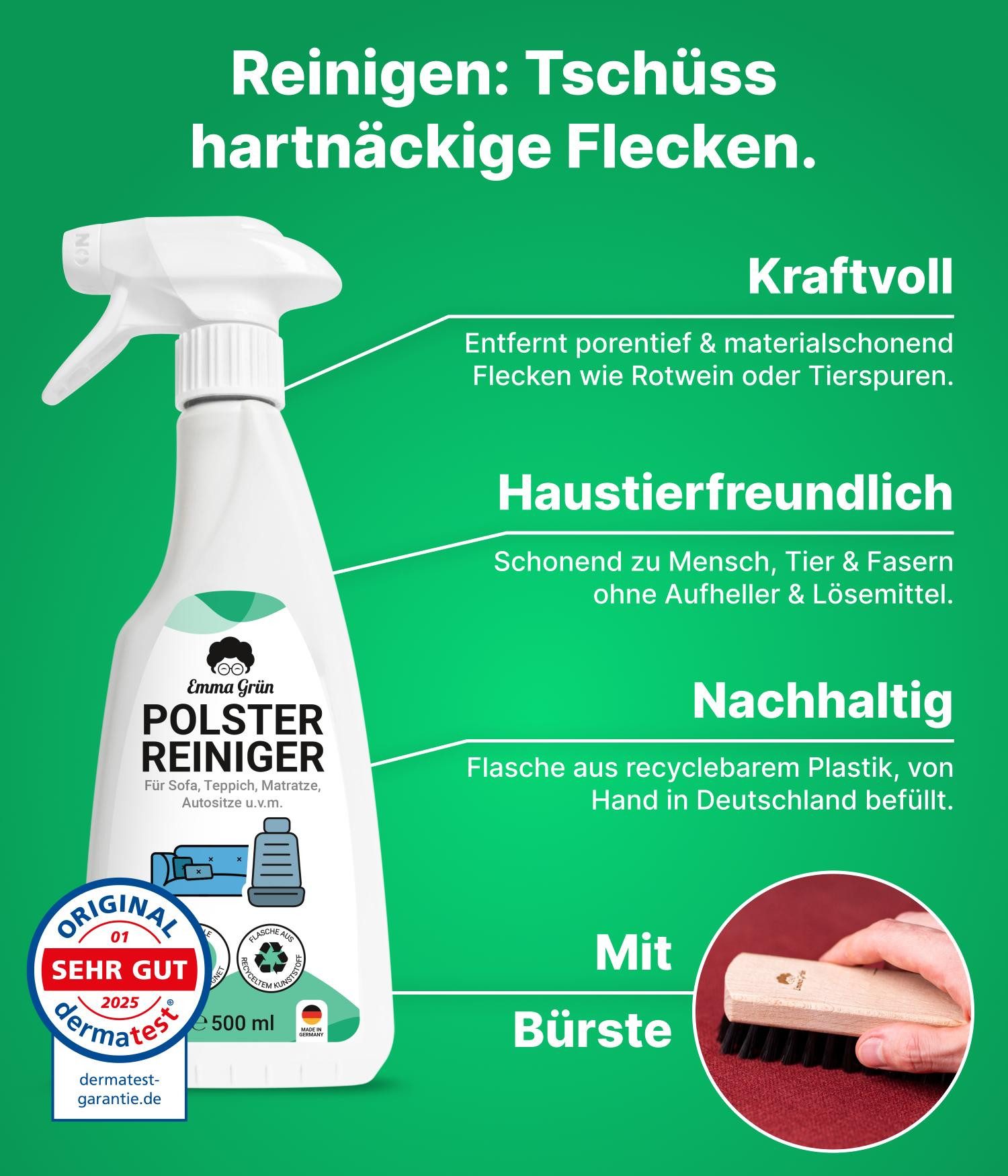 Emma Grün Polster reinigen Sparset mit Reiniger & Lavendelspray Polsterreiniger (Polsterreiniger Set, [- Polsterreiniger 500 ml, Polsterbürste, Raumspray Lavendel 100 ml)