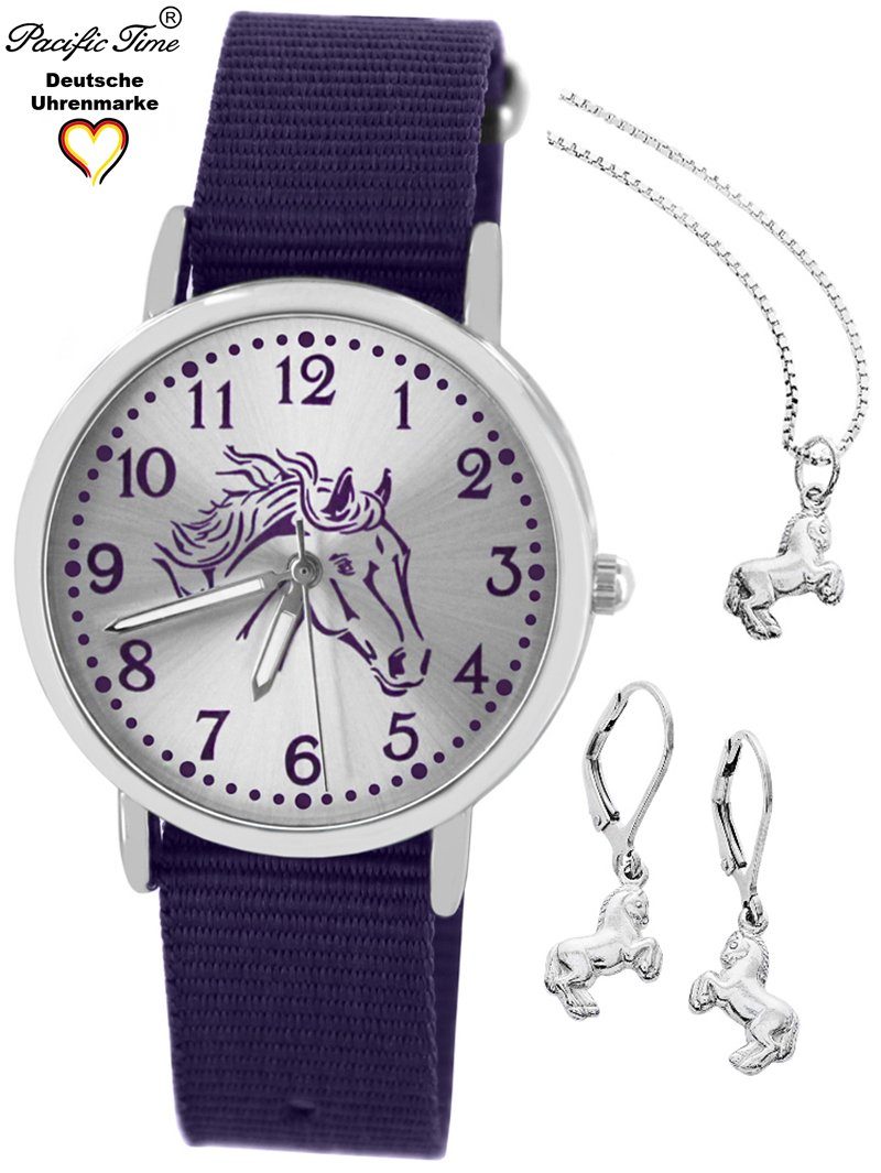 Pacific Time Quarzuhr Set Kinder Armbanduhr Pferd Wechselarmband und Schmuckset, (mit 925er Schmuckset), Mix und Match Design - Gratis Versand violett
