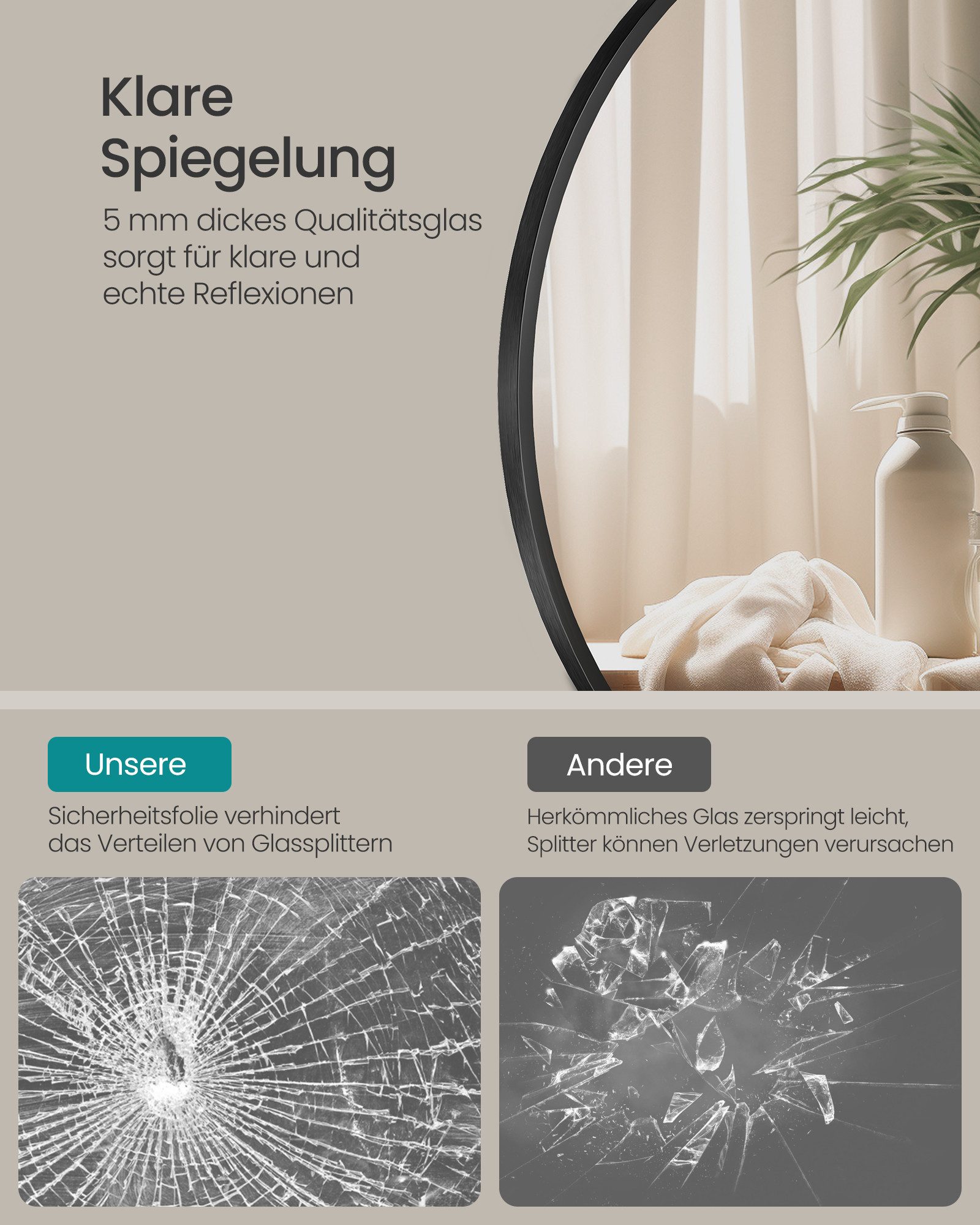 SONGMICS Wandspiegel, Spiegel rund, Badezimmerspiegel, 40/50/61/76 cm, Metallrahmen