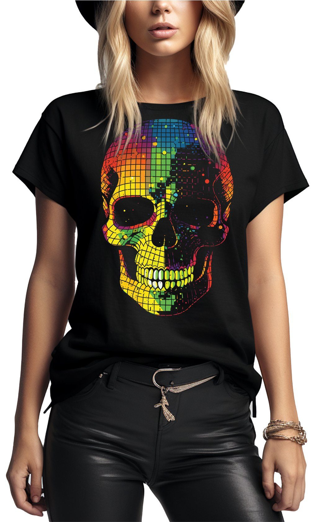 MAKAYA Print-Shirt Totenkopf Disco Skull Rockige Mode Damen Sommer Top Goth günstig online kaufen