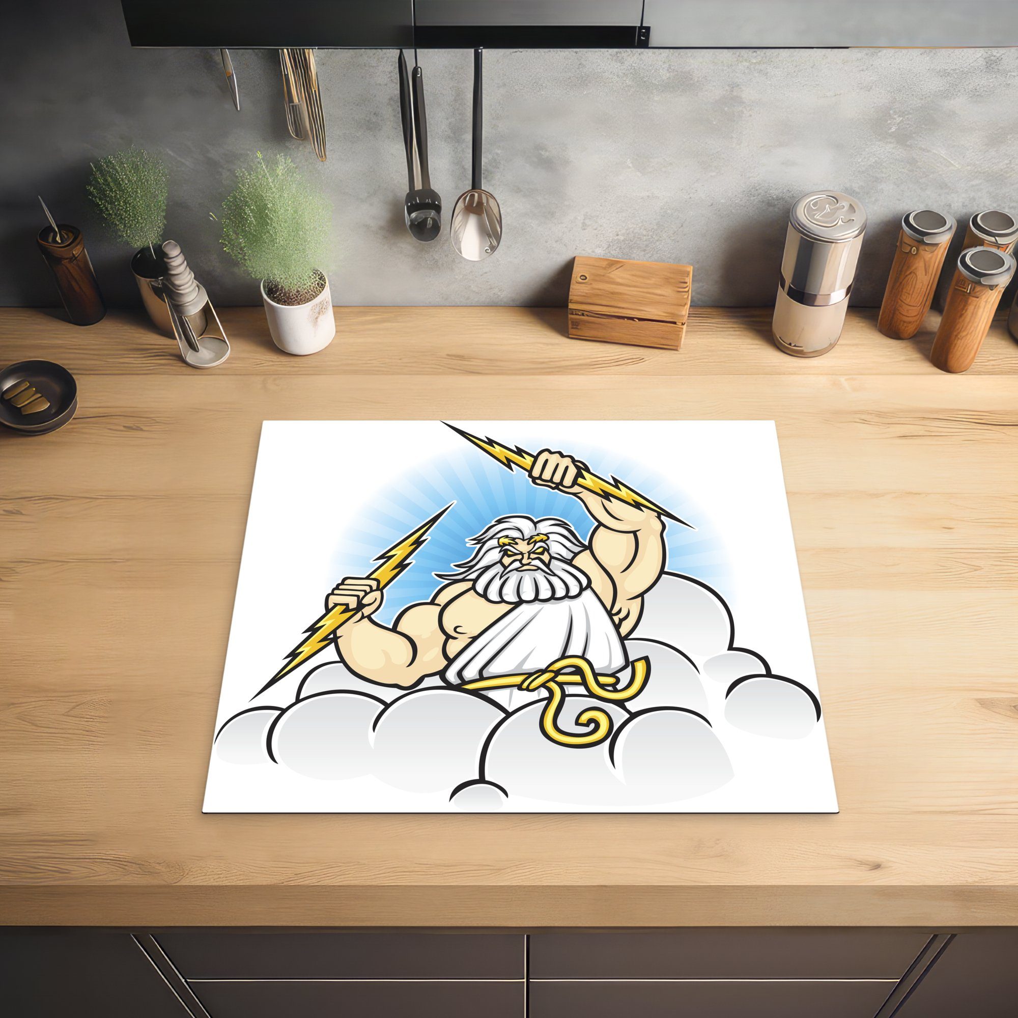 Arbeitsfläche in Ceranfeldabdeckung MuchoWow cm, Herdblende-/Abdeckplatte Illustration seinen Zeus von 60x52 tlg), Vinyl, mit nutzbar, Händen, Eine (1 Mobile Blitzen