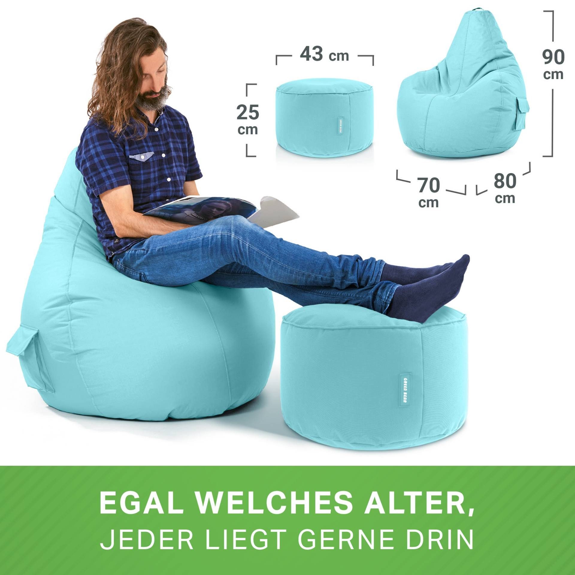 Sitzkissen, Cozy Sitzsack Bean Green + Set Sitzhocker, Aquamarin Relax-Sessel Gaming Stay, mit Chair