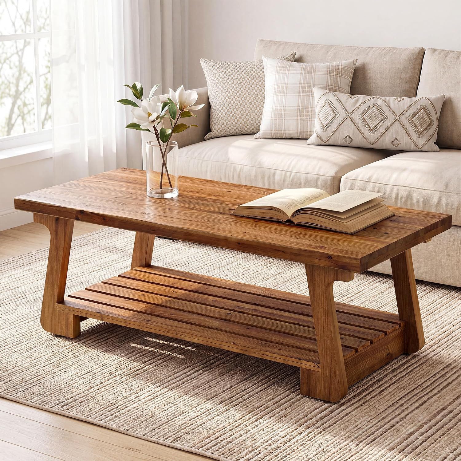 Tribesigns Couchtisch Couchtisch 140 cm Massivholz 2‑Ebenen Ablage rustikal Braun