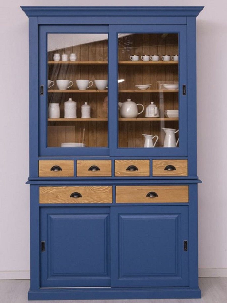 Casa Padrino Buffet Landhausstil Esszimmerschrank Blau / Naturfarben 142 x  48 x H. 225 cm - Massivholz Küchenschrank - Landhausstil Esszimmer Möbel