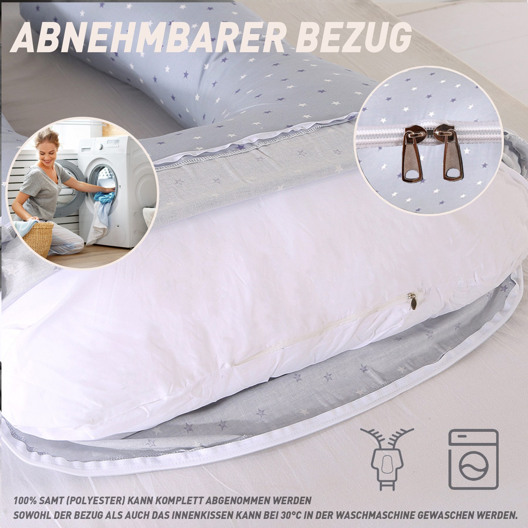 CALIYO Seitenschläferkissen Stillkissen, J-förmiges Schwangerschaftskissen zum Schlafen, Seitenkissen, Seitenschläferkissen ergonomisch geformt – Bild 5 von 5