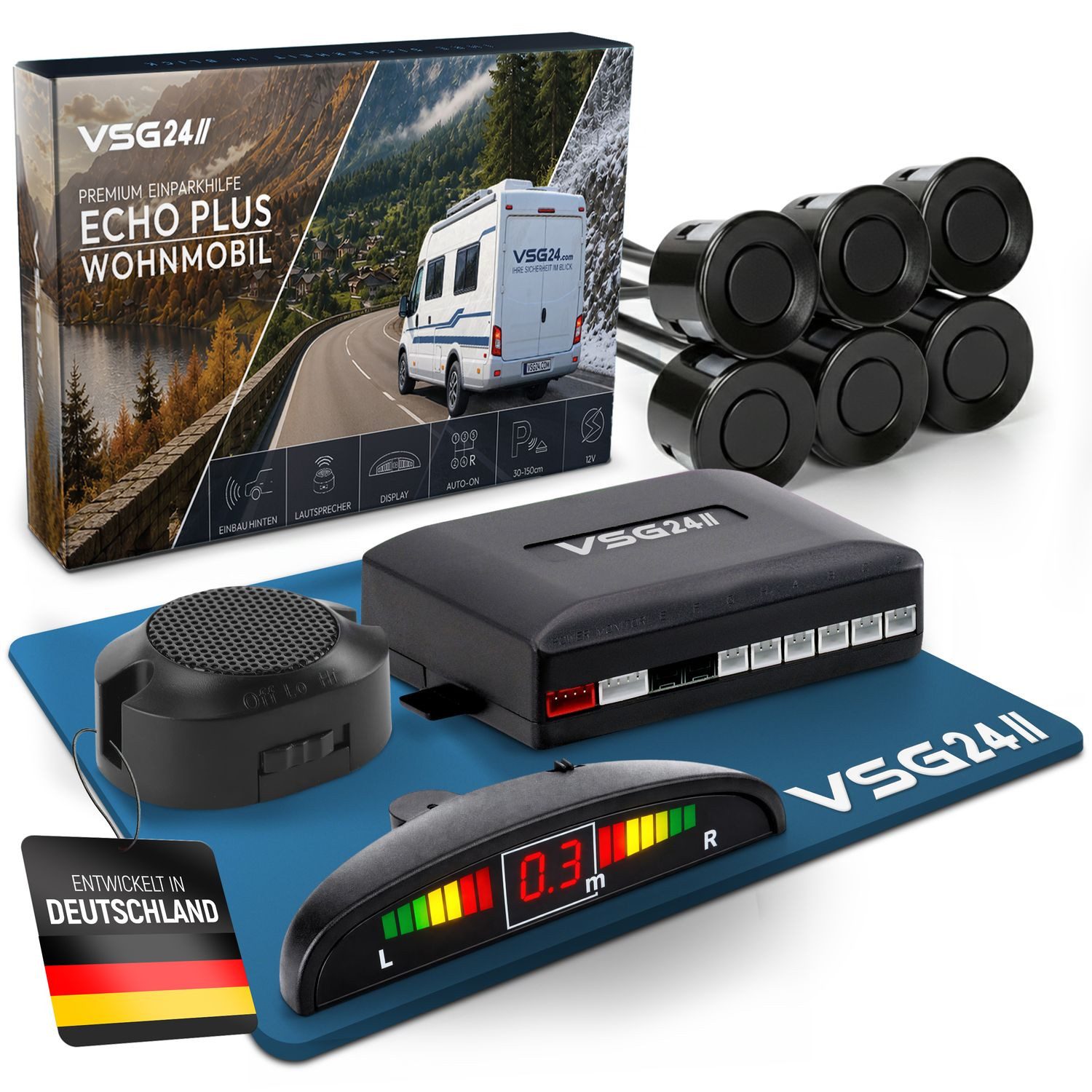 VSG24 Premium Einparkhilfe ECHO PLUS WOHNMOBIL Parkhilfe zum nachrüsten PDC Rückfahrkamera (Rückfahrwarner mit Lautsprecher & 6 Sensoren Stecksystem Nachrüstsatz)