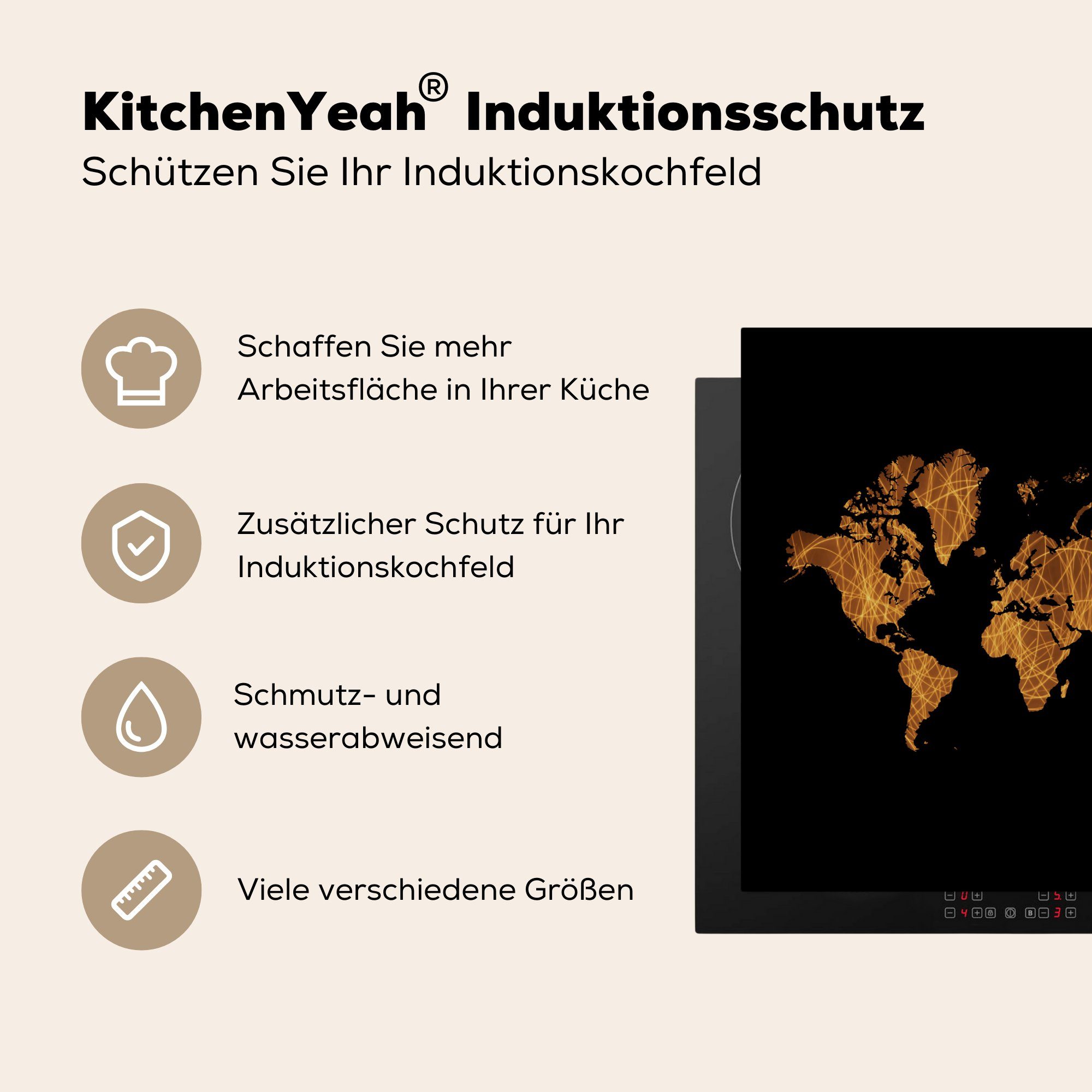 MuchoWow Herdblende-/Abdeckplatte Weltkarte - Gold Arbeitsplatte cm, Braun, küche für (1 Vinyl, 78x78 tlg), Ceranfeldabdeckung, 