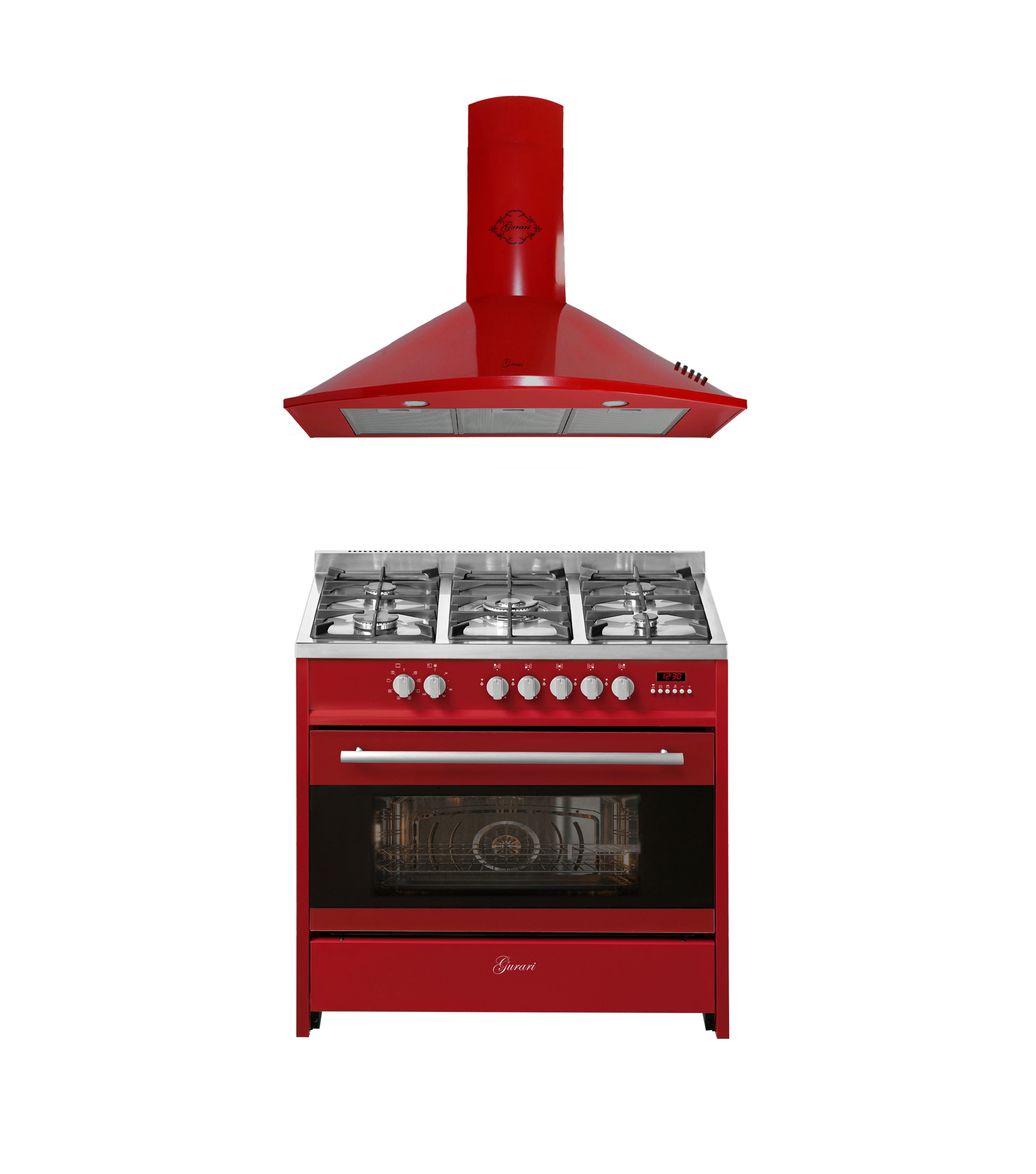 GURARI Gas-Standherd GCH E 911 R + GCH 046 RD 9..., mit 1-fach-Teleskopauszug, Gas Elektro Standherd 90 cm, 8 Funktionen+Dunstabzugshaube 90cm