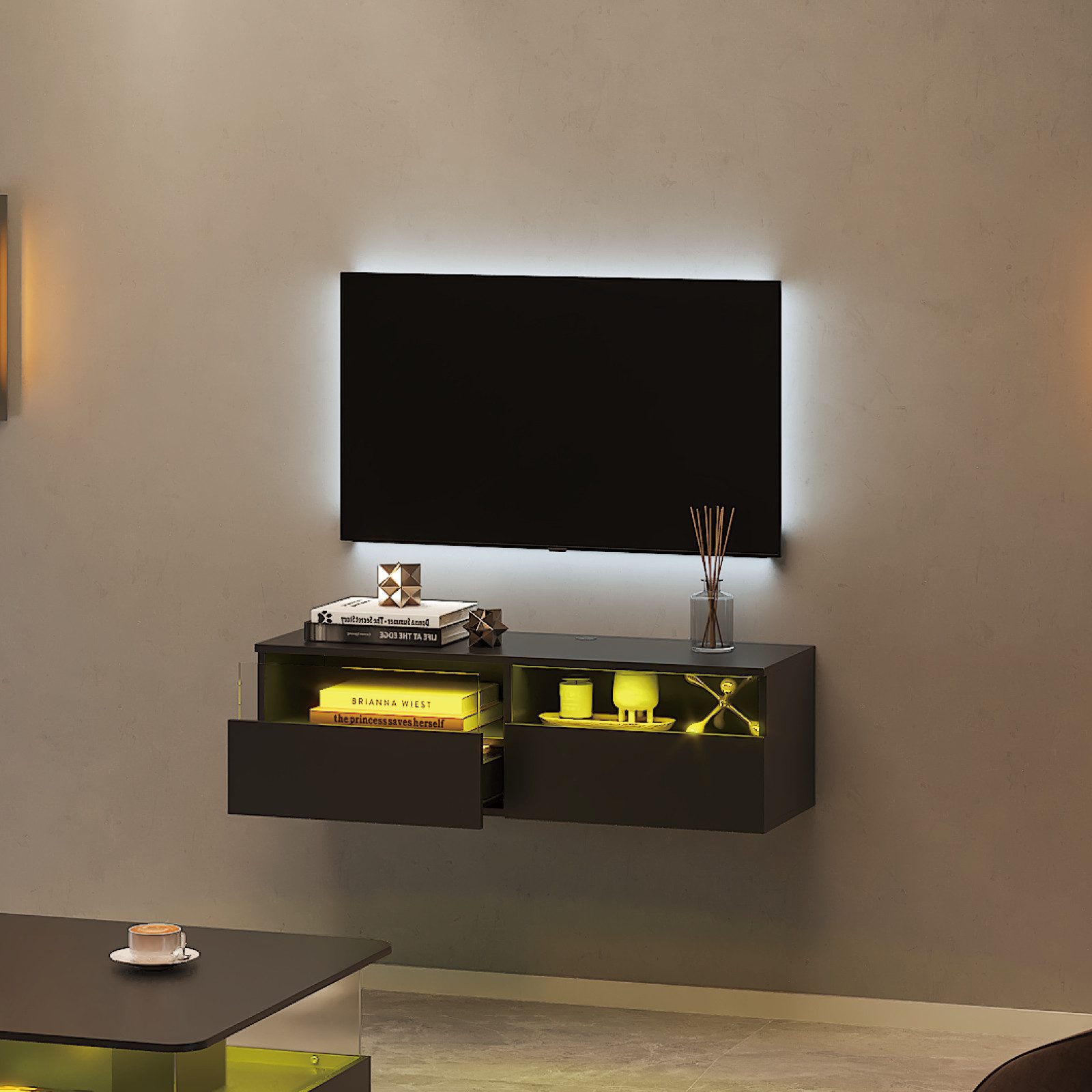 radelldar Lowboard mit LED-Beleuchtung, TV-Schrank, hängend (1 St), 100 cm breit, griffloses TV-Board, 2 Schubladen mit Acryl