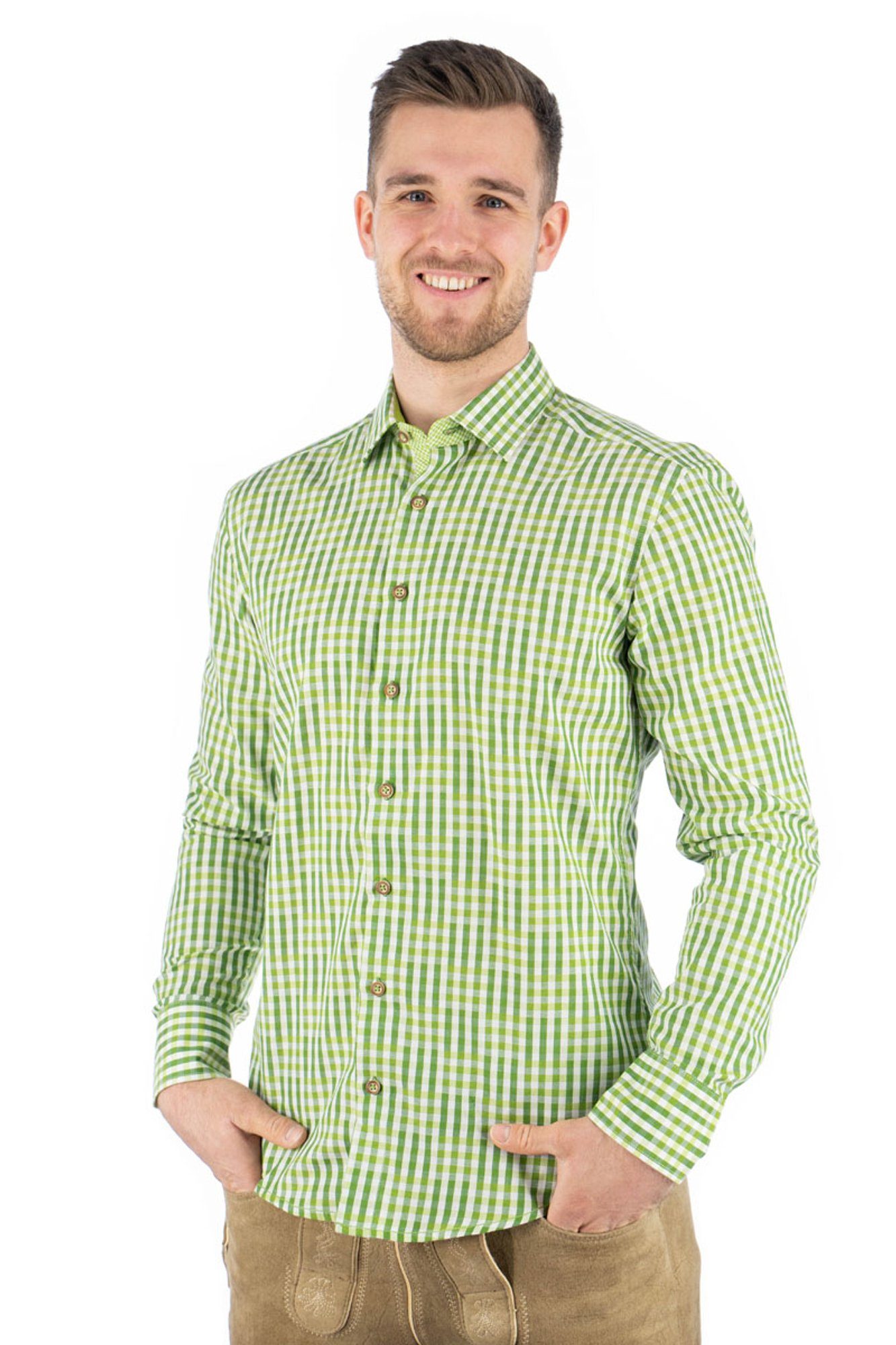 OS-Trachten Trachtenhemd Zufir Langarmhemd mit Haifischkragen giftgrün