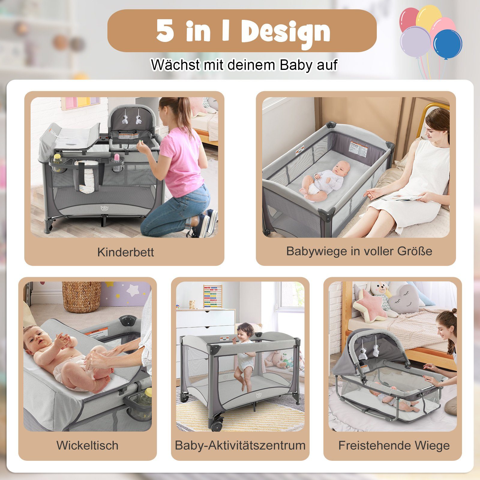 COSTWAY Baby-Reisebett, mit Matratze & Wickeltisch, günstig online kaufen