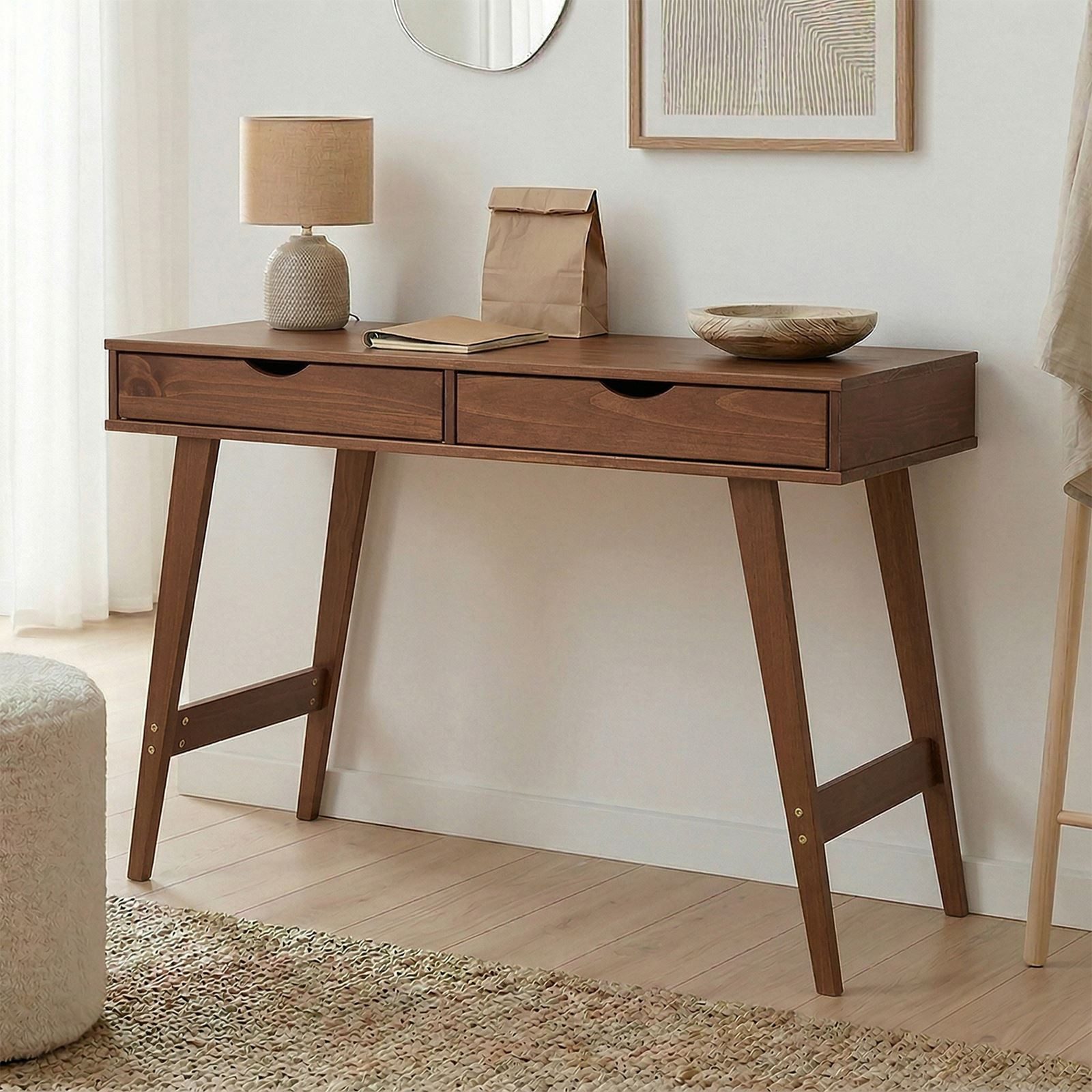 IDIMEX Schreibtisch MILO, Bürotisch mit 2 Schubladen aus Massivholz Konsolentisch Kastanien farb